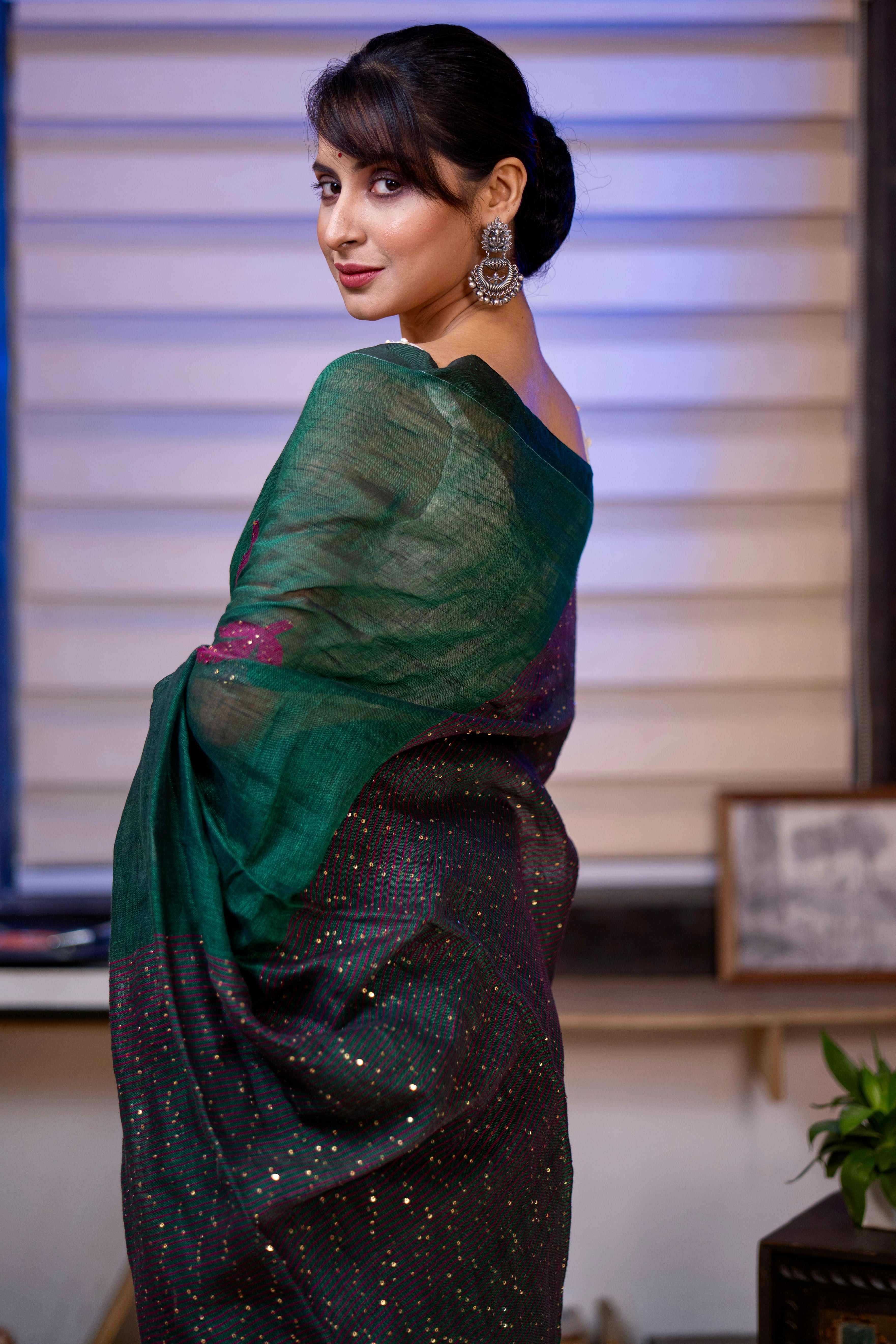 Dark Green Rose Handwoven Linen Saree with Sequence Work