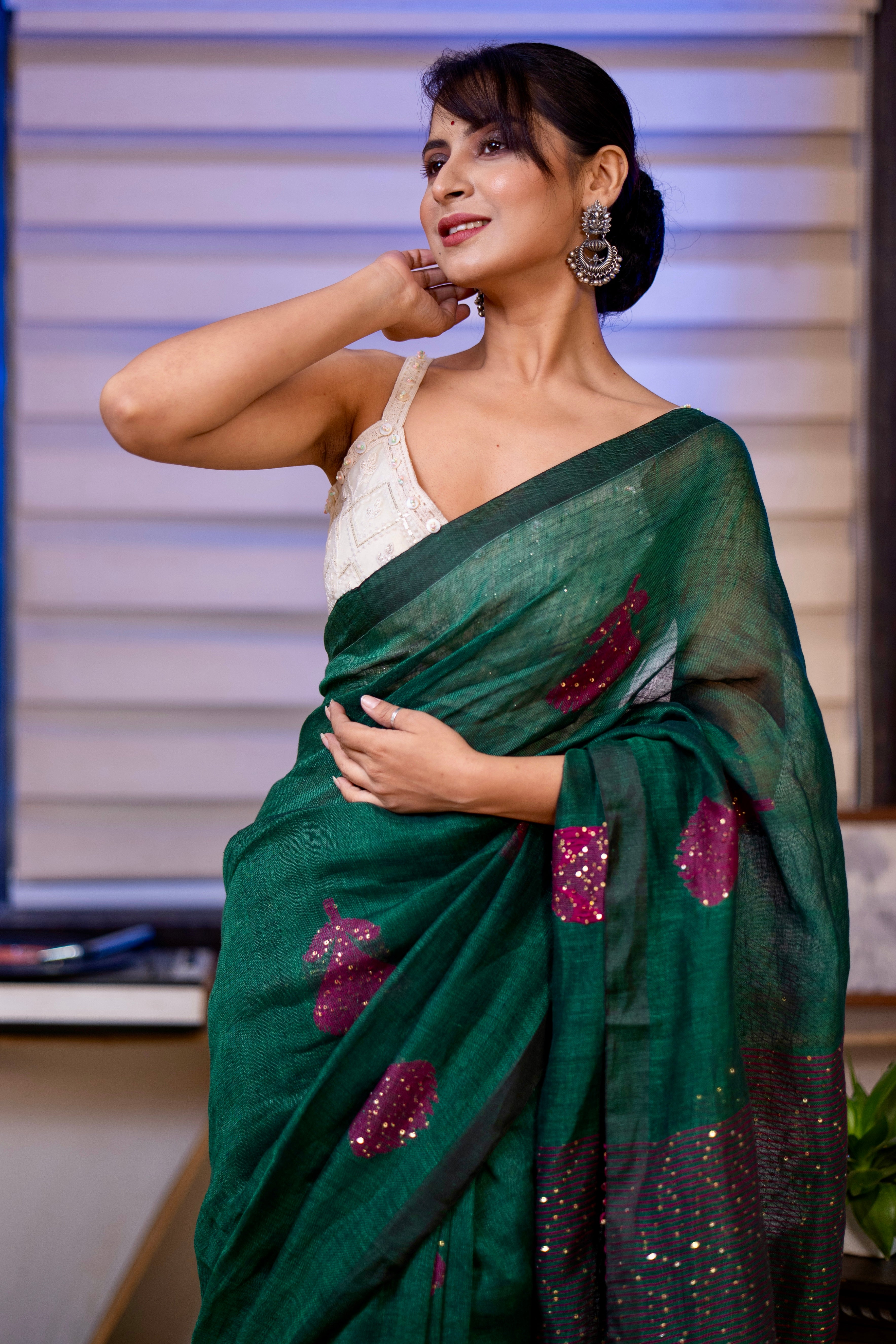 Dark Green Rose Handwoven Linen Saree with Sequence Work