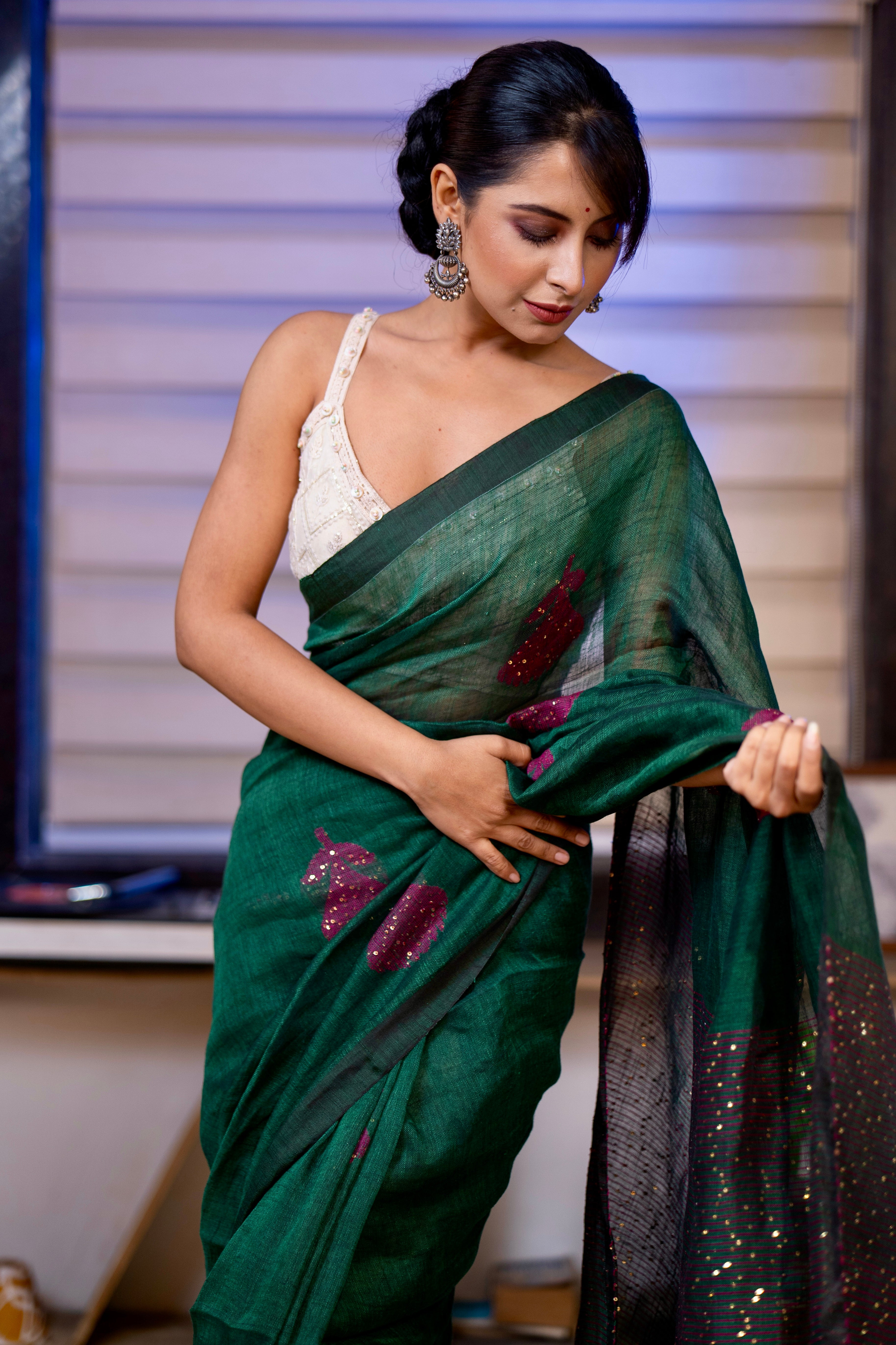 Dark Green Rose Handwoven Linen Saree with Sequence Work
