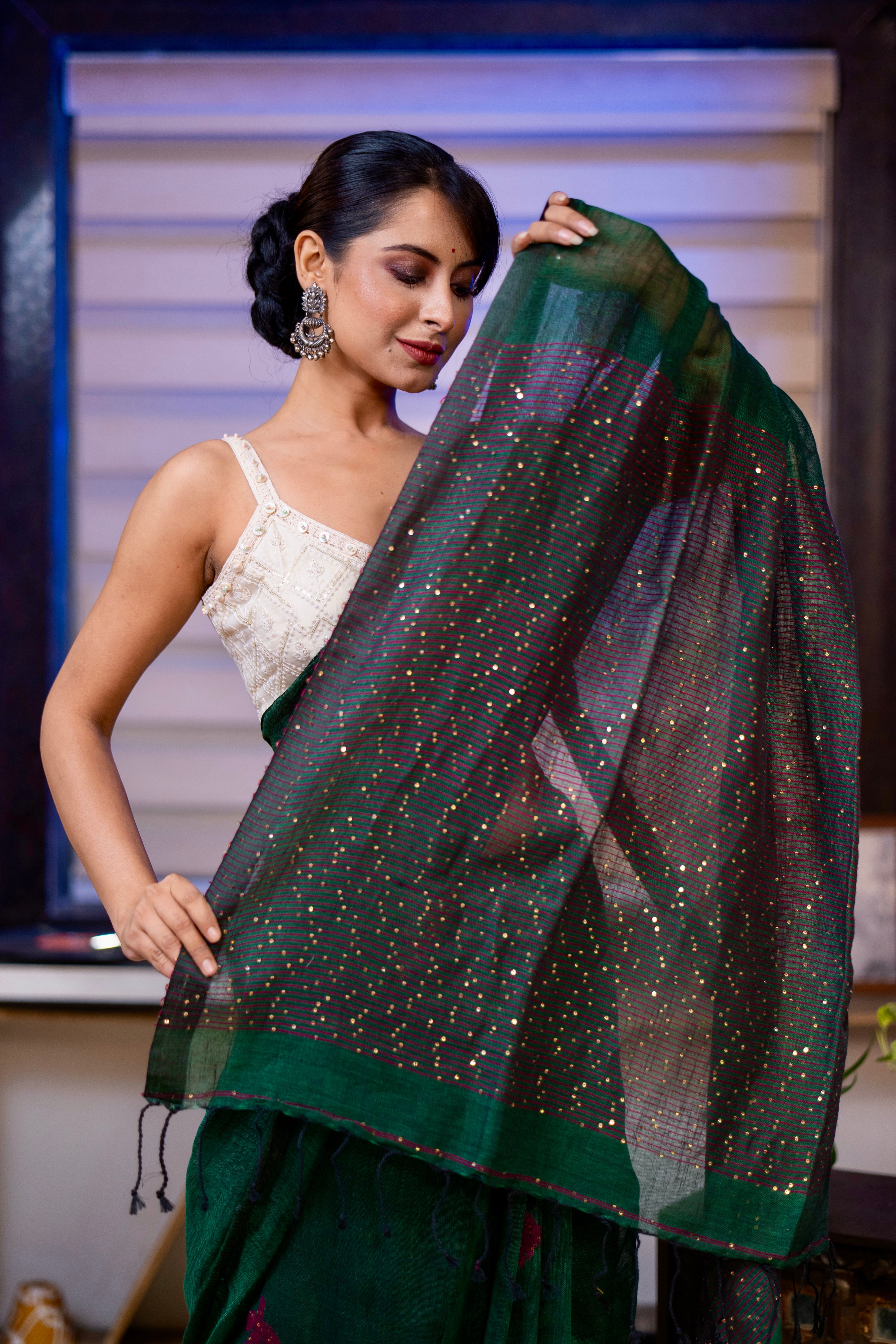 Dark Green Rose Handwoven Linen Saree with Sequence Work