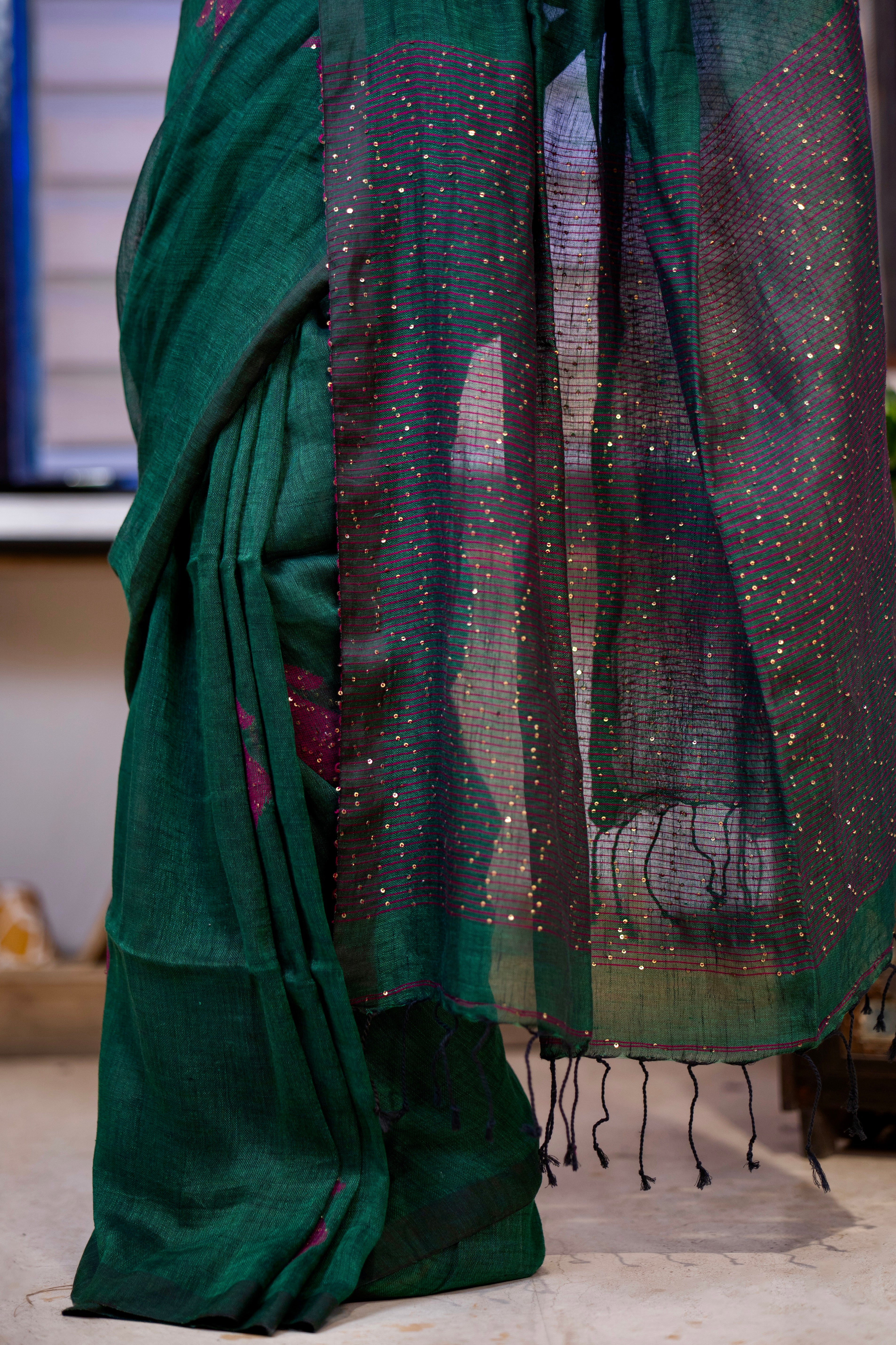 Dark Green Rose Handwoven Linen Saree with Sequence Work