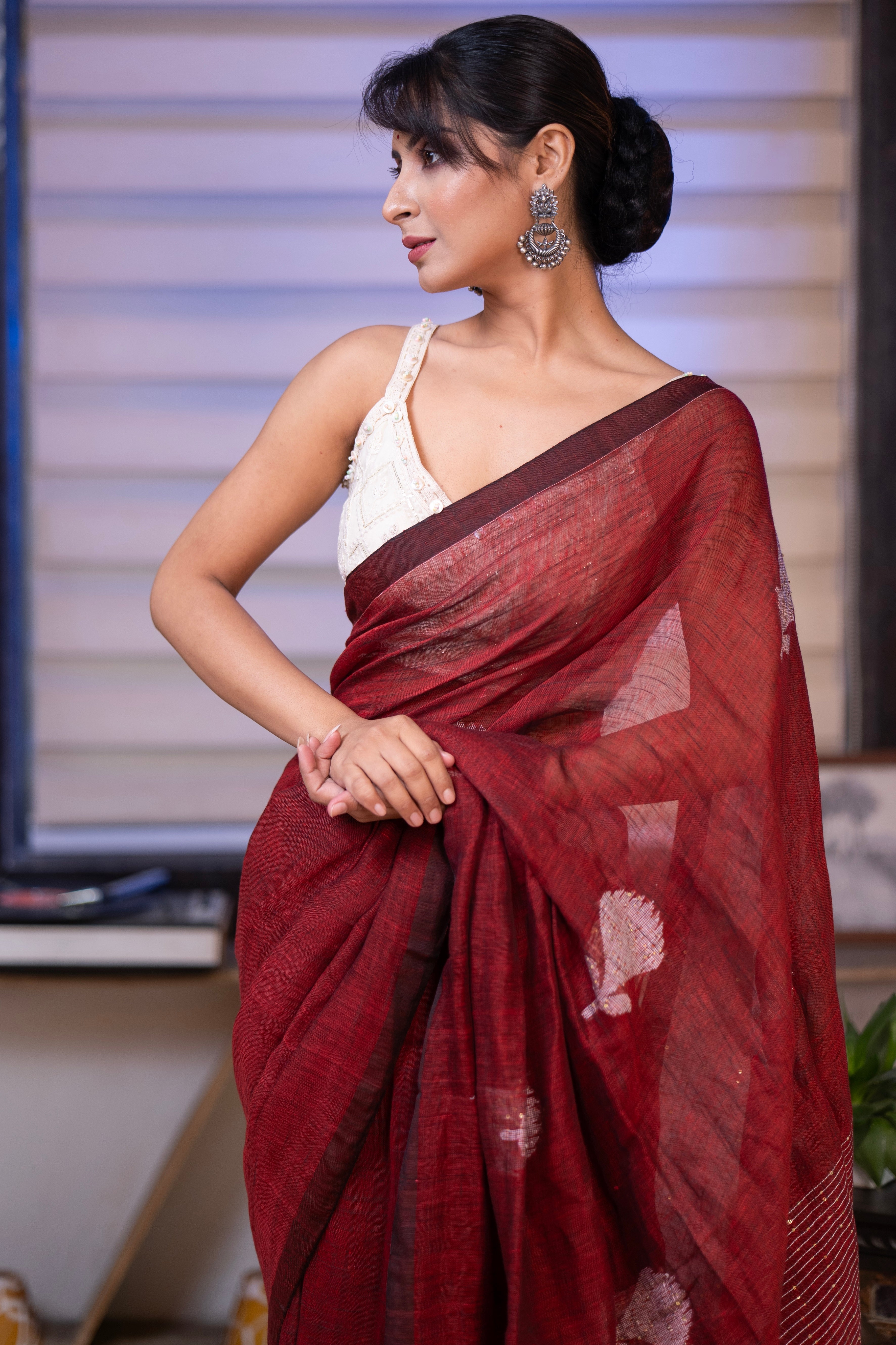 Maroon sequence work rose motif Handwoven Linen Saree with blouse piece
