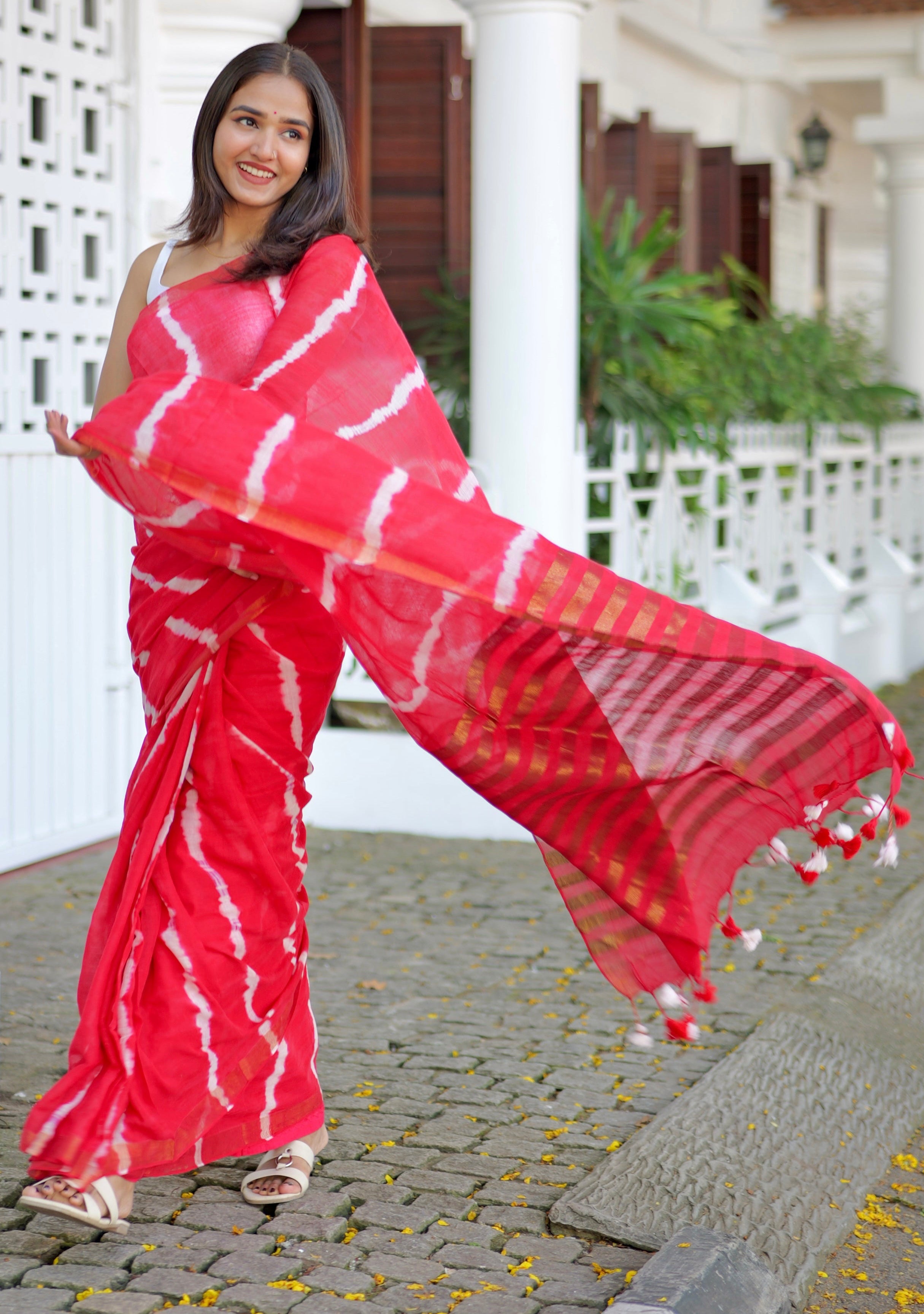 Red Shibori Print Mul Mul Cotton Saree