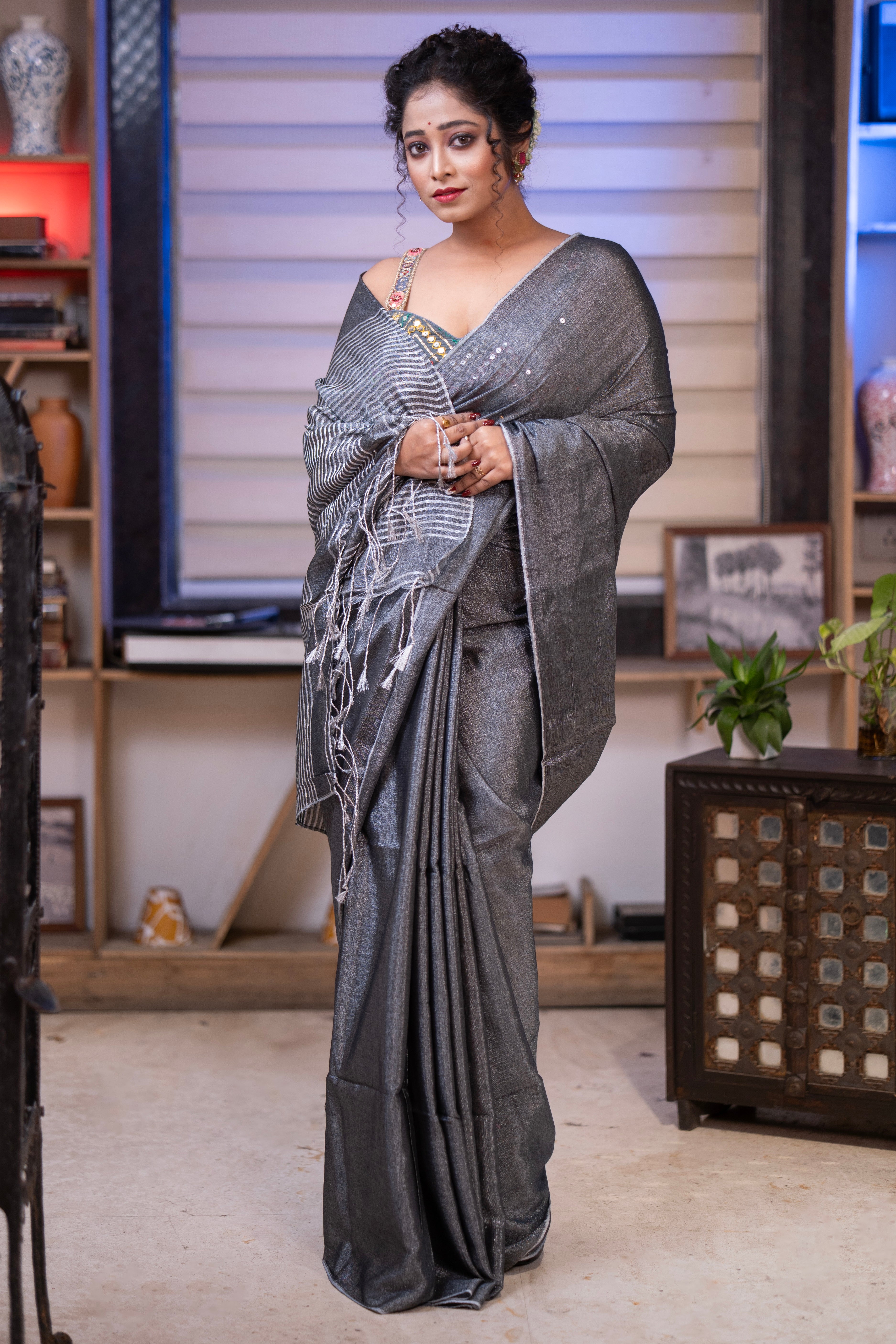 Lava Grey Dual Tone Pure Tissue Linen Saree