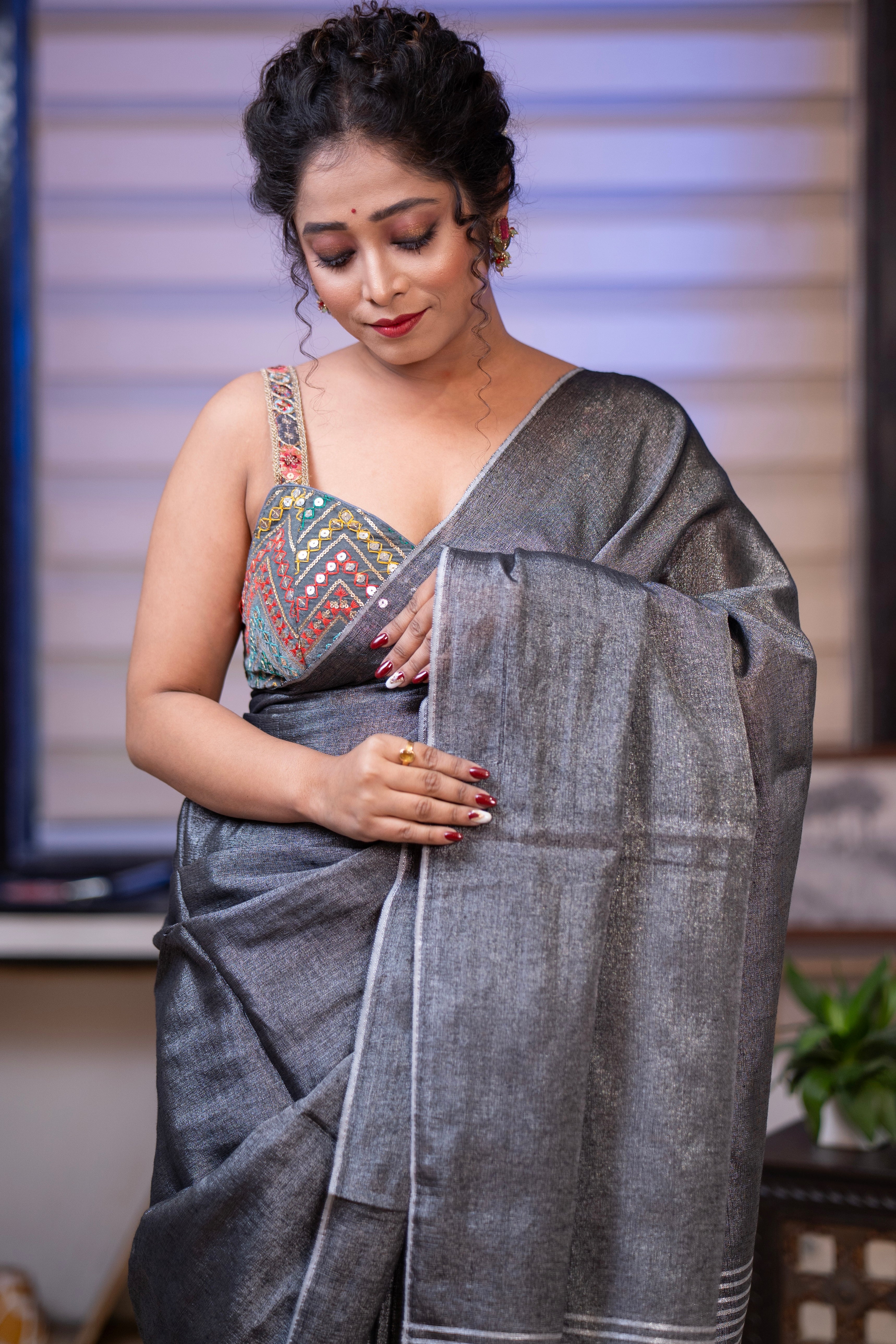 Lava Grey Dual Tone Pure Tissue Linen Saree