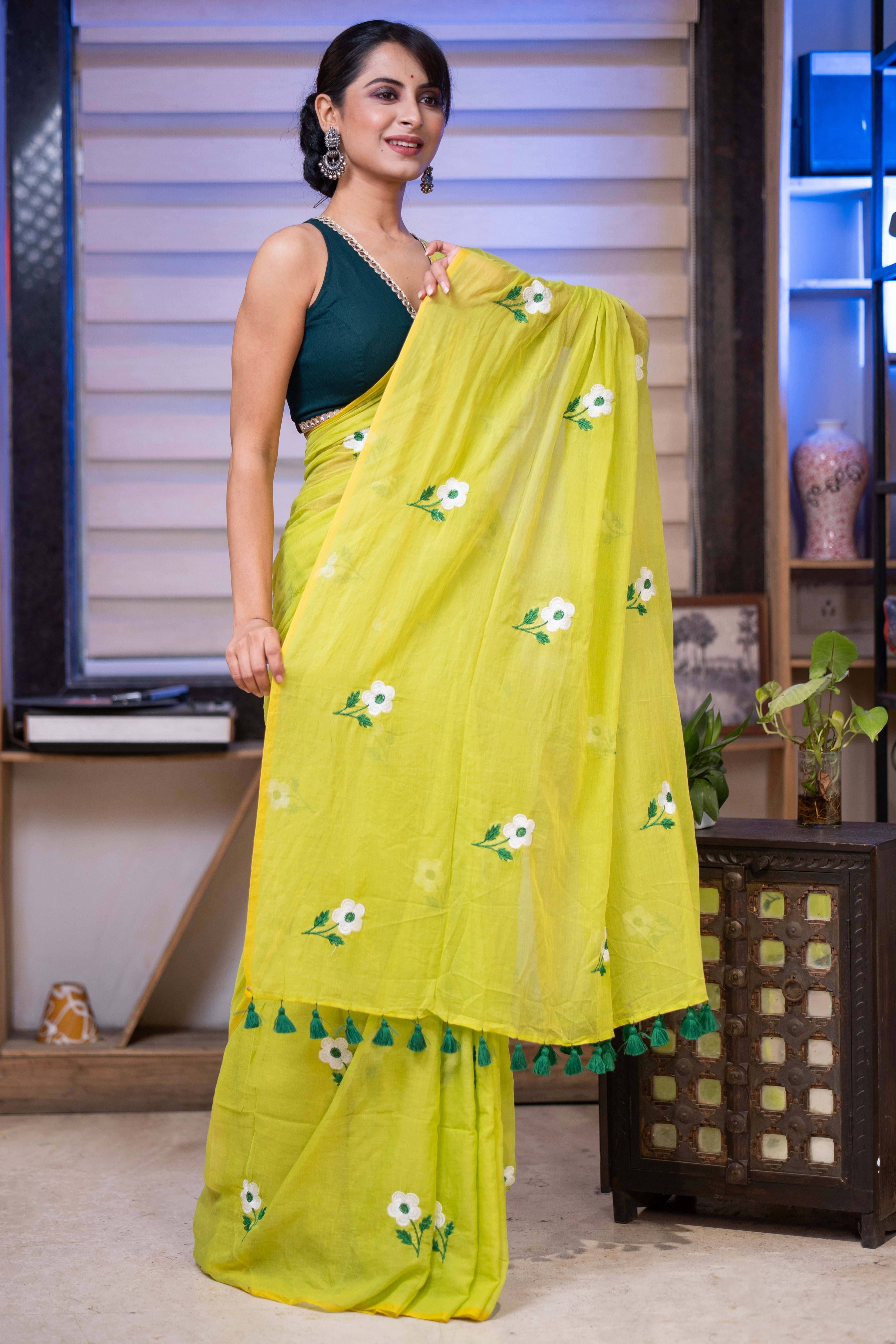 Lime green flowers all over embroidery mul cotton saree