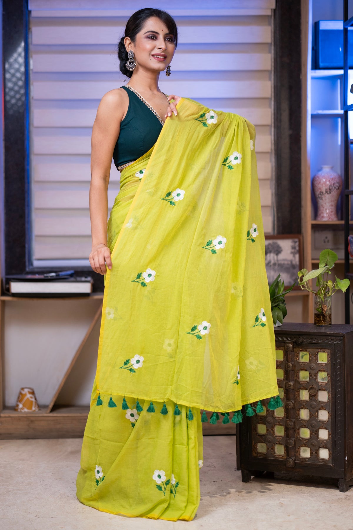 Lime green flowers embroidery mul cotton saree with blouse piece