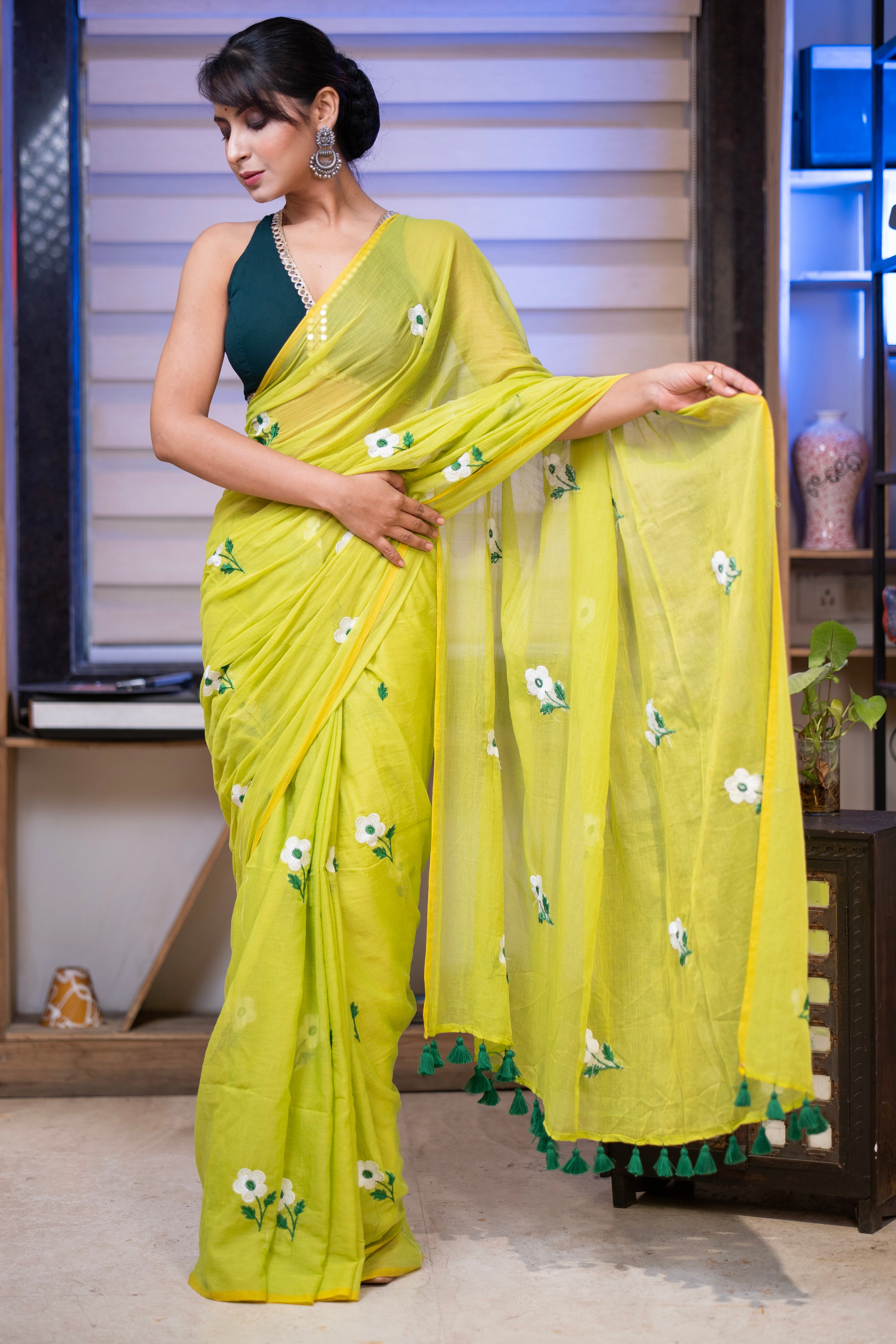 Lime green flowers embroidery mul cotton saree with blouse piece