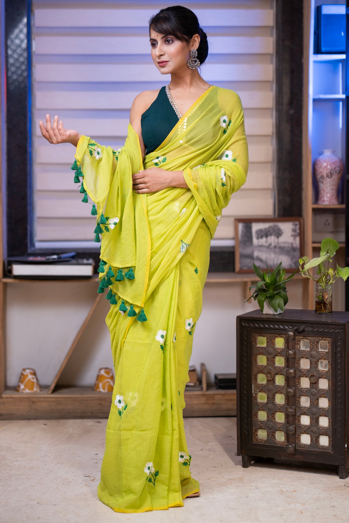 Lime green flowers embroidery mul cotton saree with blouse piece