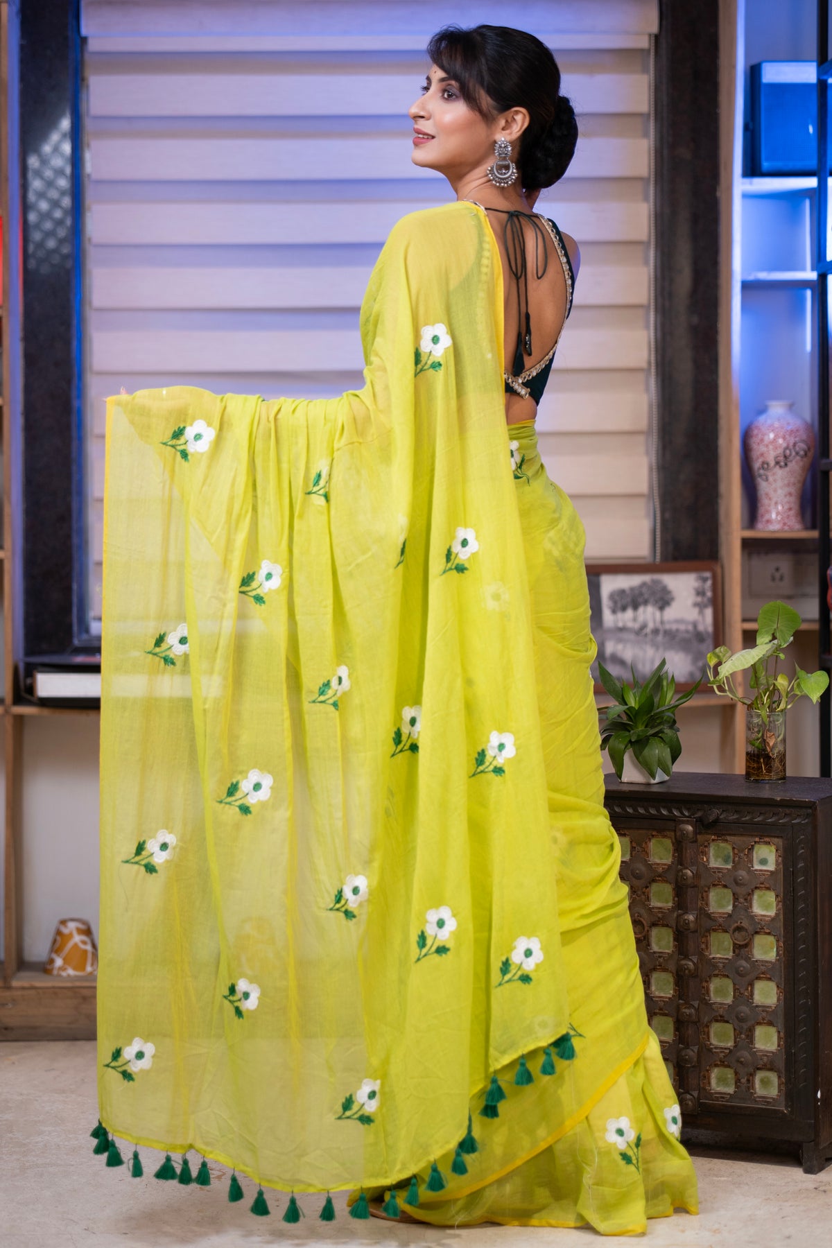 Lime green flowers embroidery mul cotton saree with blouse piece