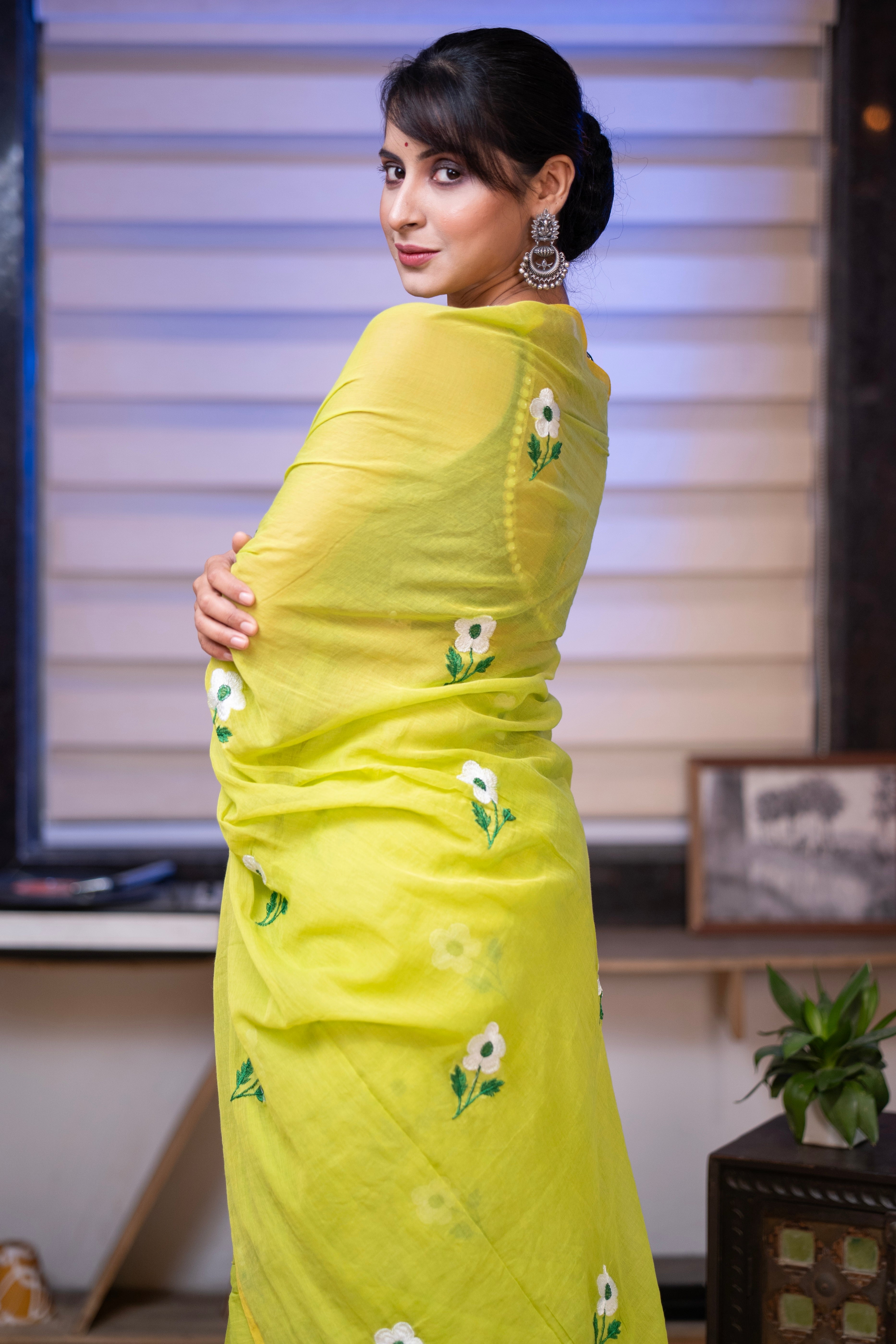 Lime green flowers all over embroidery mul cotton saree
