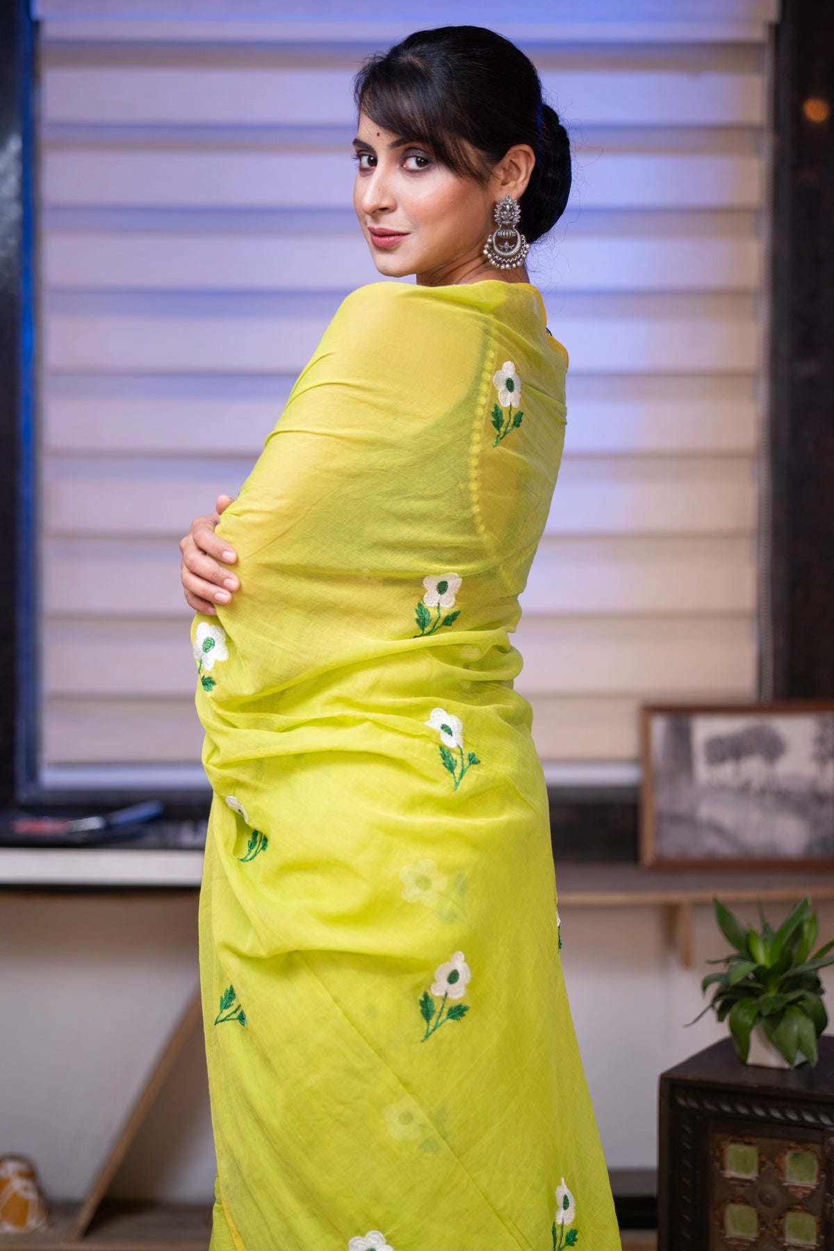 Lime green flowers embroidery mul cotton saree with blouse piece