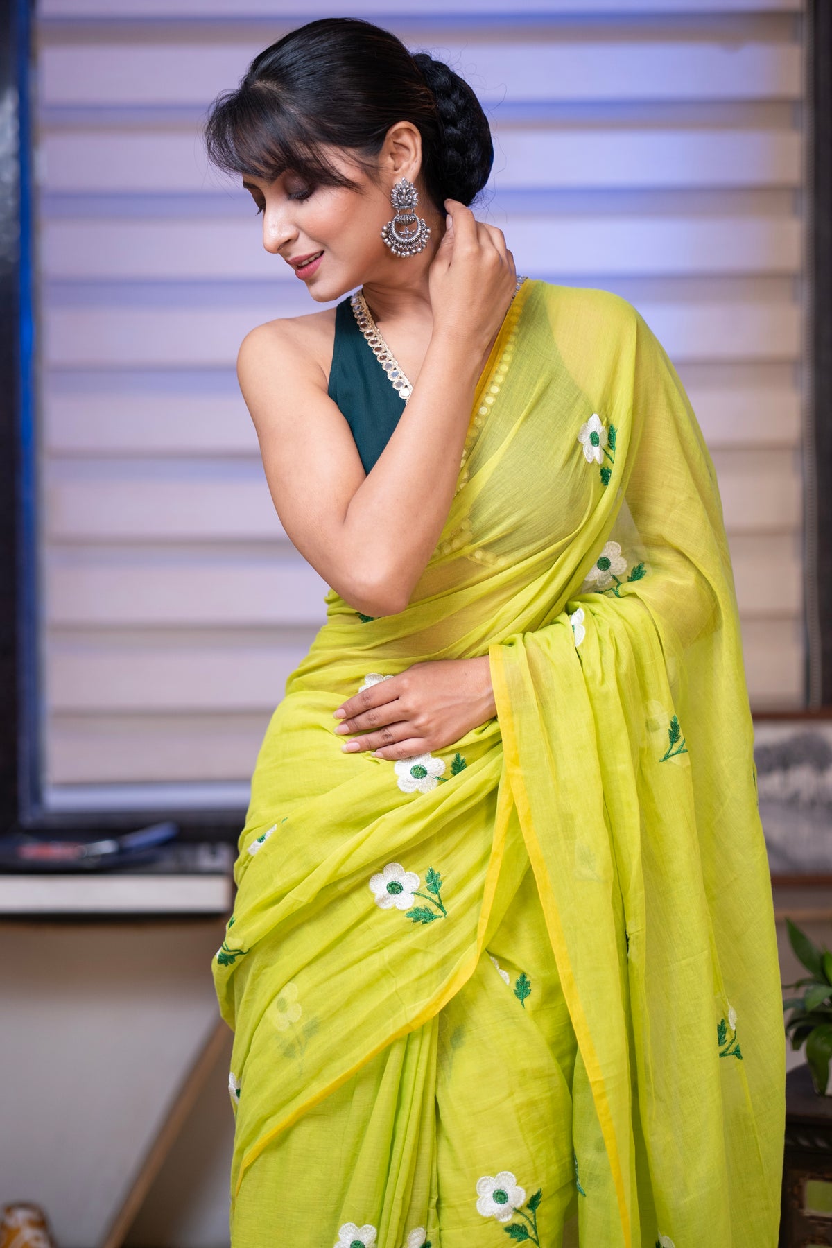 Lime green flowers embroidery mul cotton saree with blouse piece