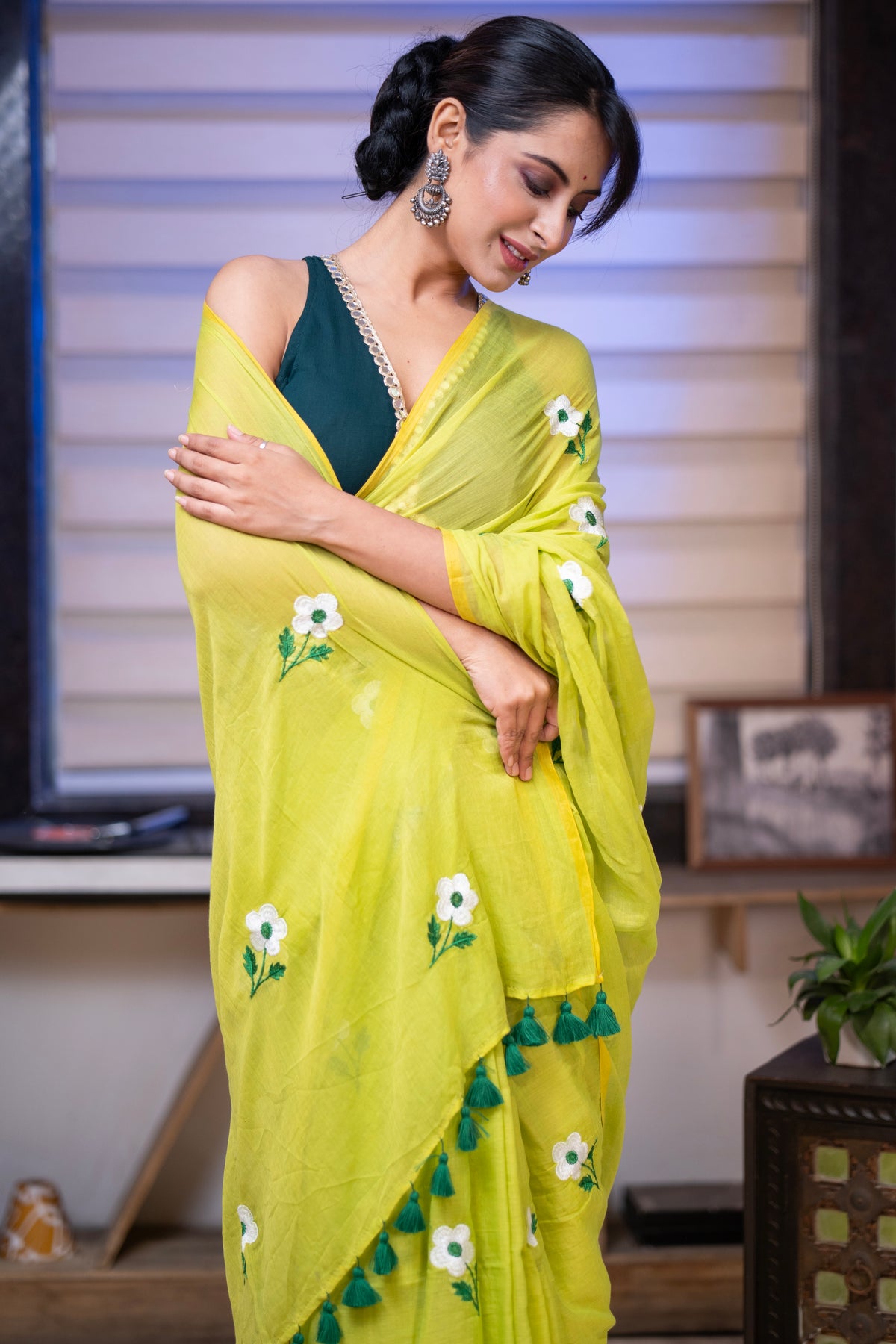 Lime green flowers embroidery mul cotton saree with blouse piece