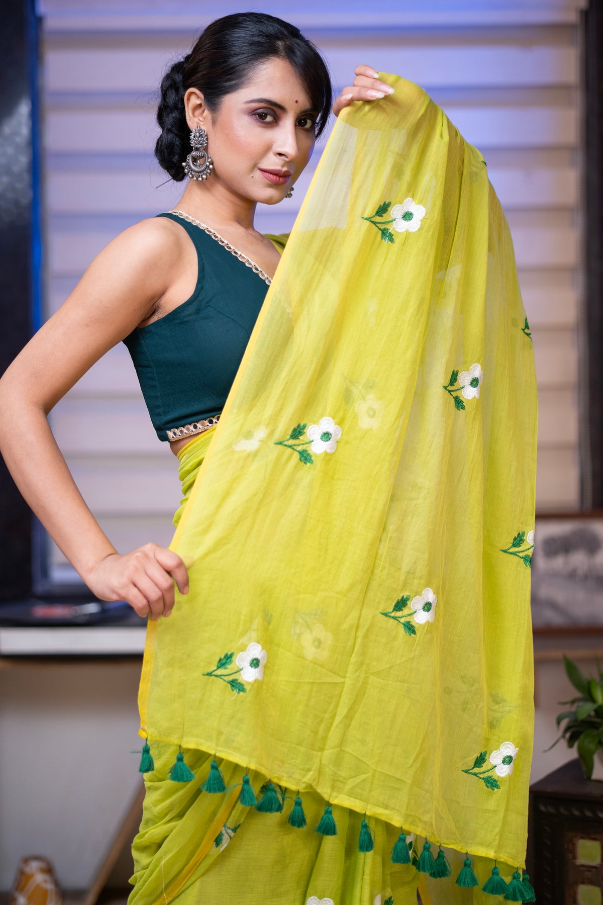 Lime green flowers embroidery mul cotton saree with blouse piece