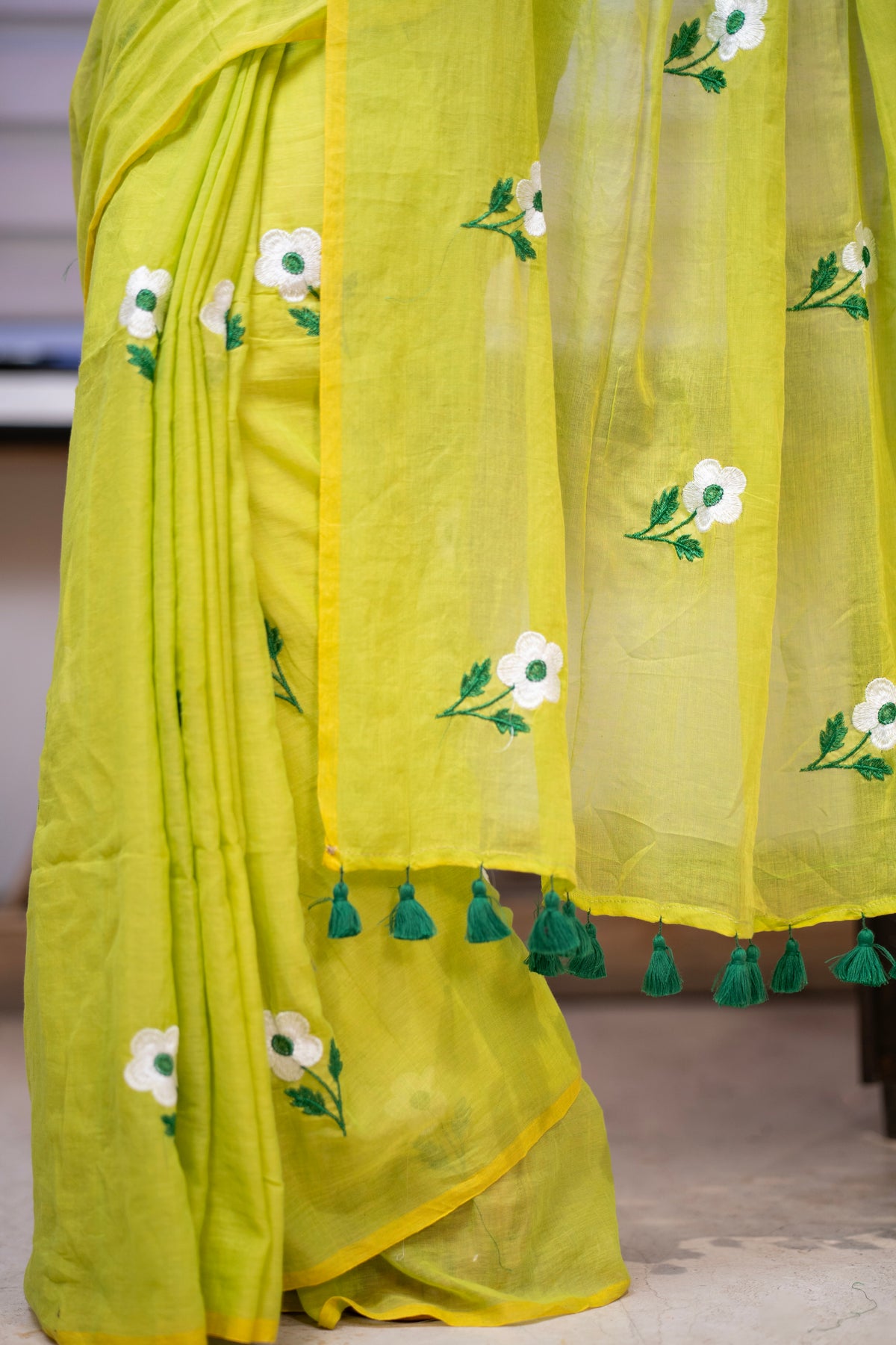 Lime green flowers embroidery mul cotton saree with blouse piece