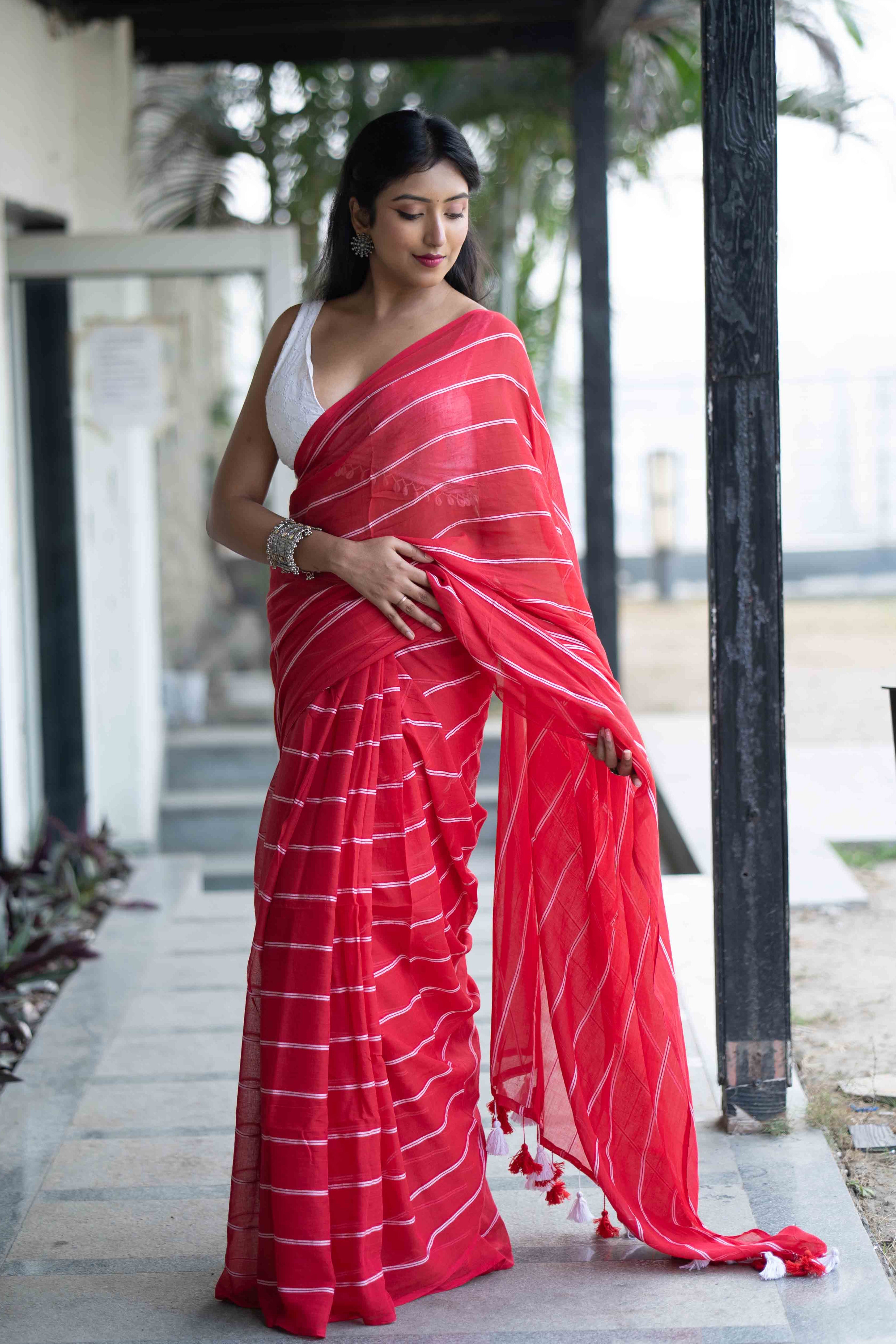Red Mulmul Cotton Check Saree with White Stripes