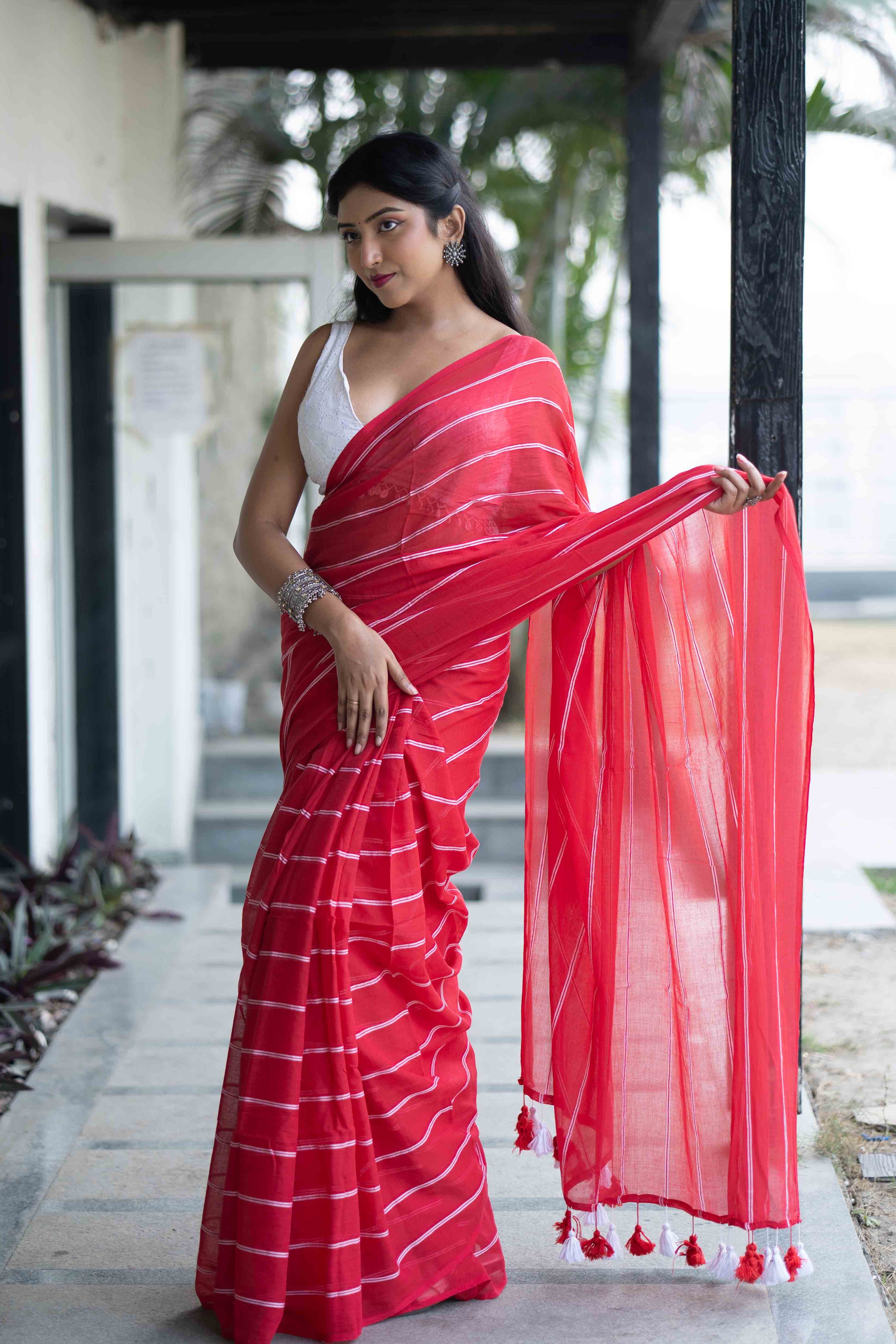 Red Mulmul Cotton Check Saree with White Stripes
