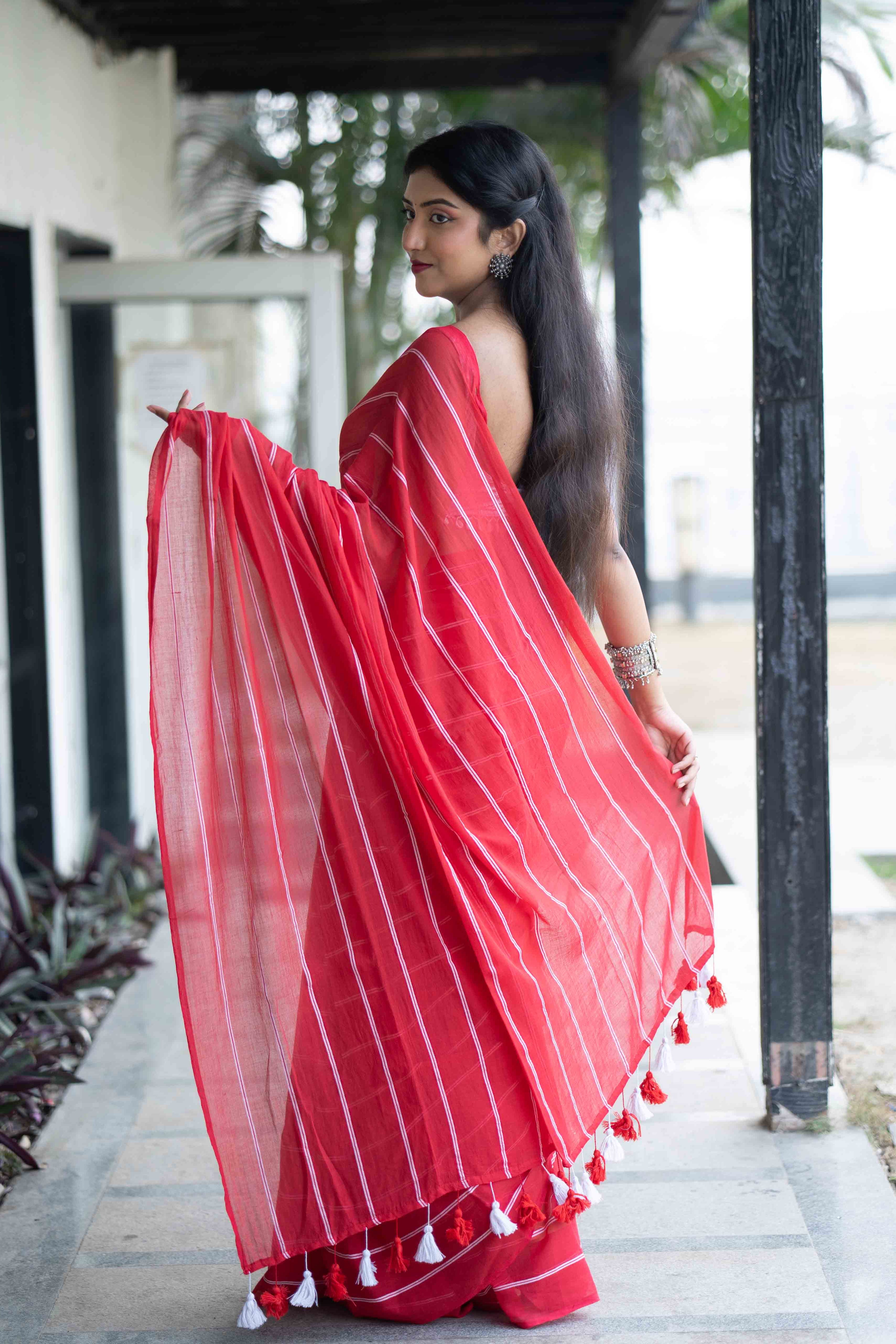 Red Mulmul Cotton Check Saree with White Stripes