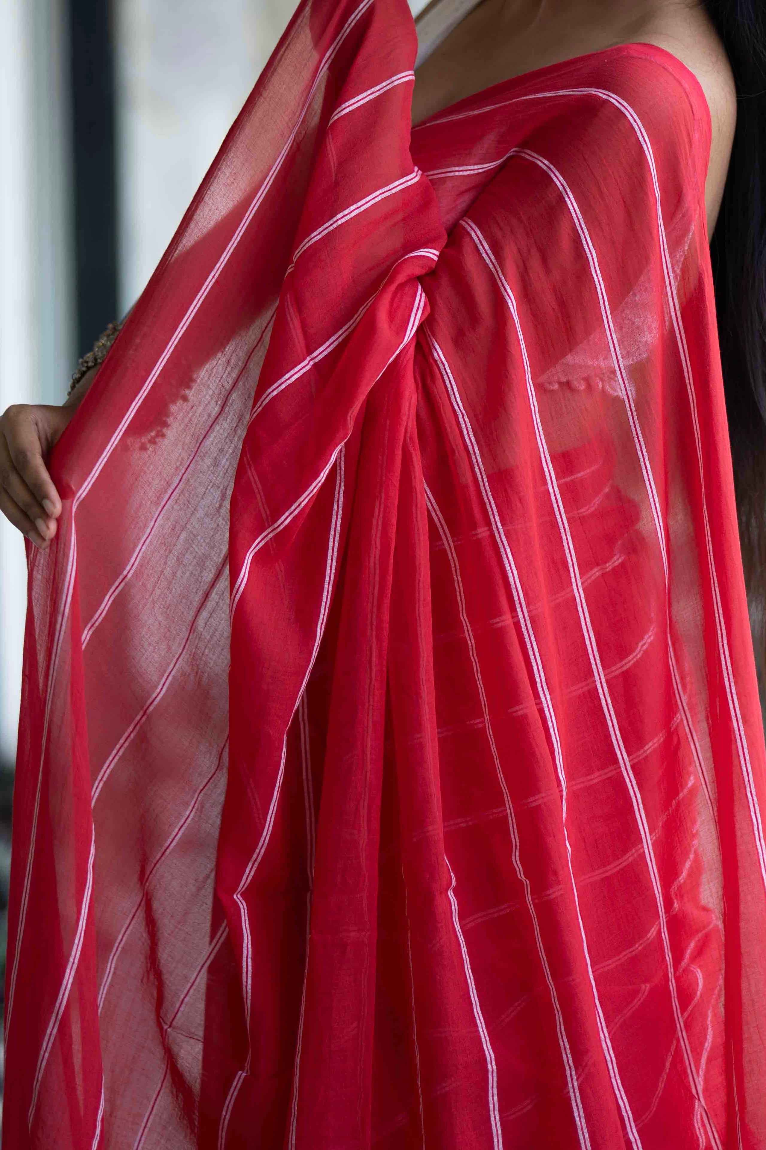 Red Mulmul Cotton Check Saree with White Stripes