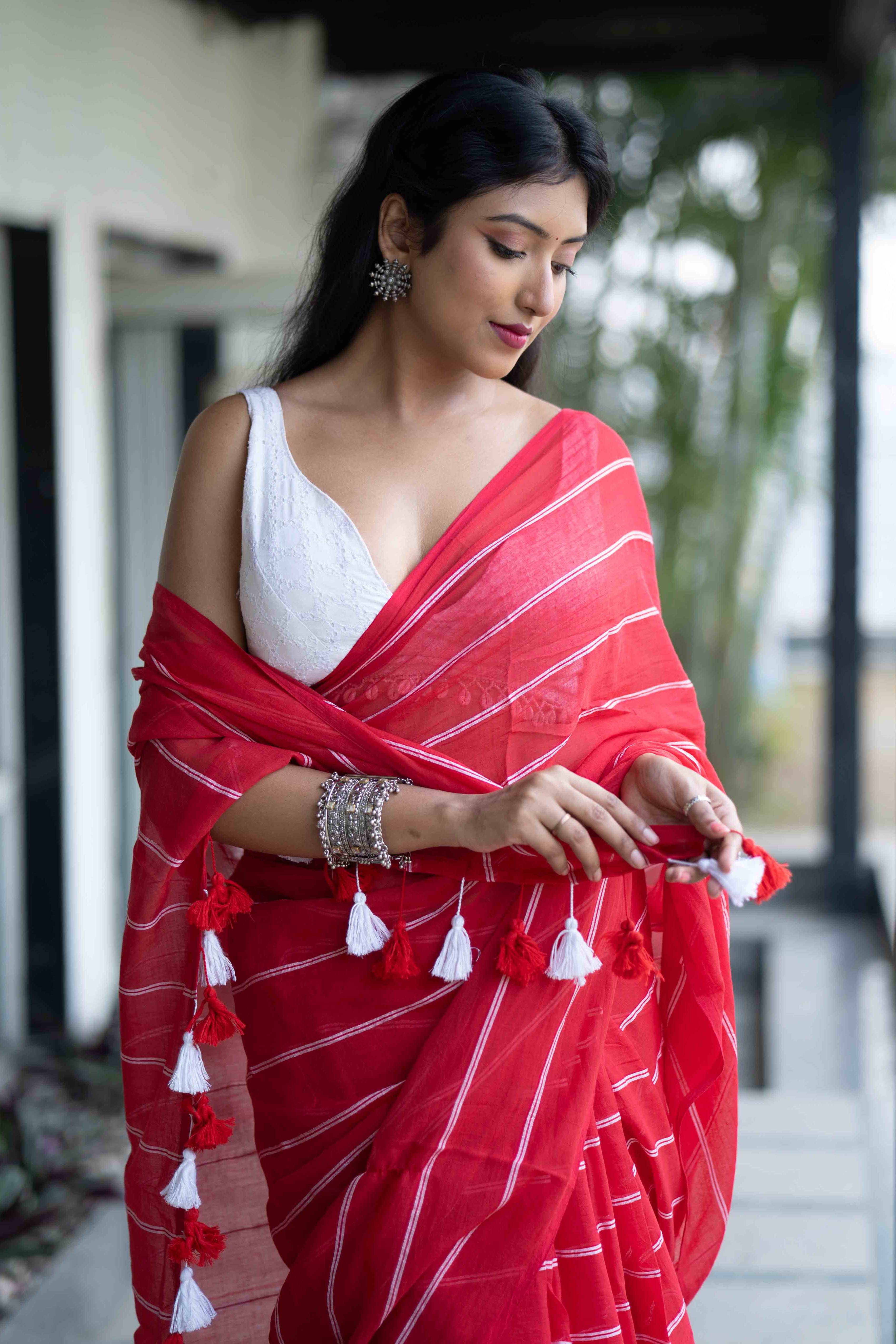 Red Mulmul Cotton Check Saree with White Stripes
