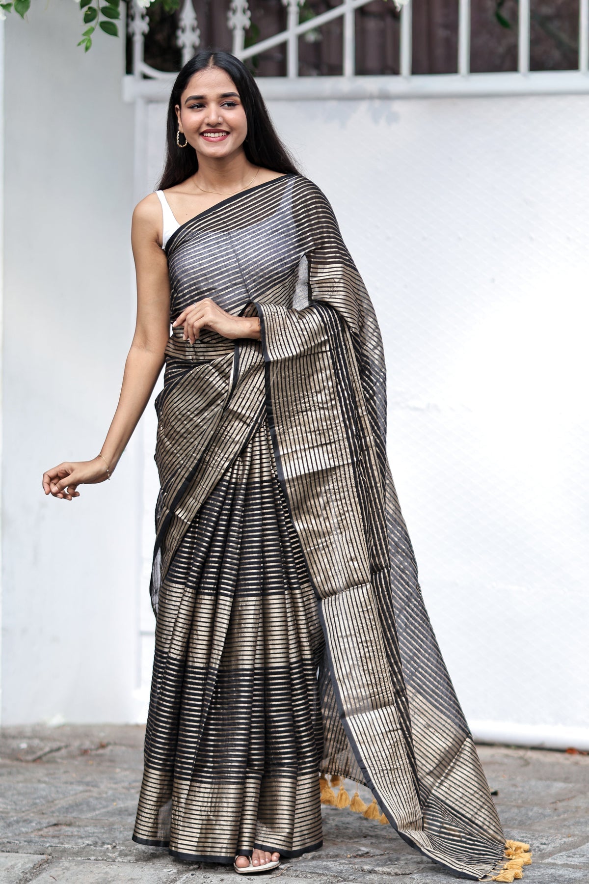 Black Mulmul Cotton Saree with Pale Gold Zari Checks