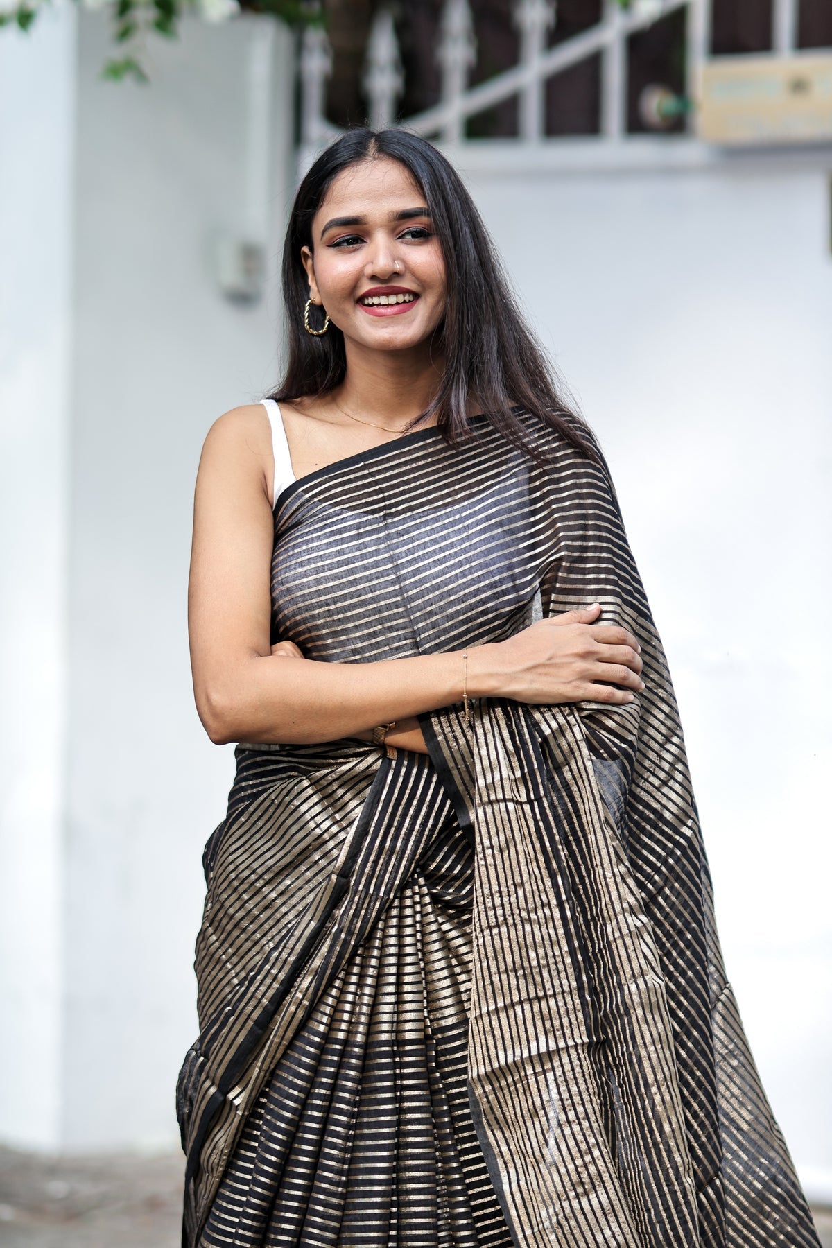 Black Mulmul Cotton Saree with Pale Gold Zari Checks
