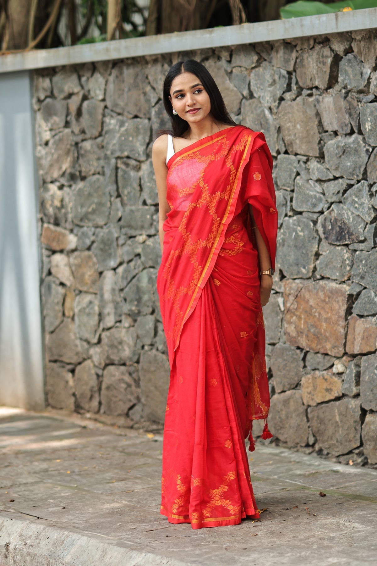 Red Mulmul Cotton Saree with All-Over Gold Thread Work