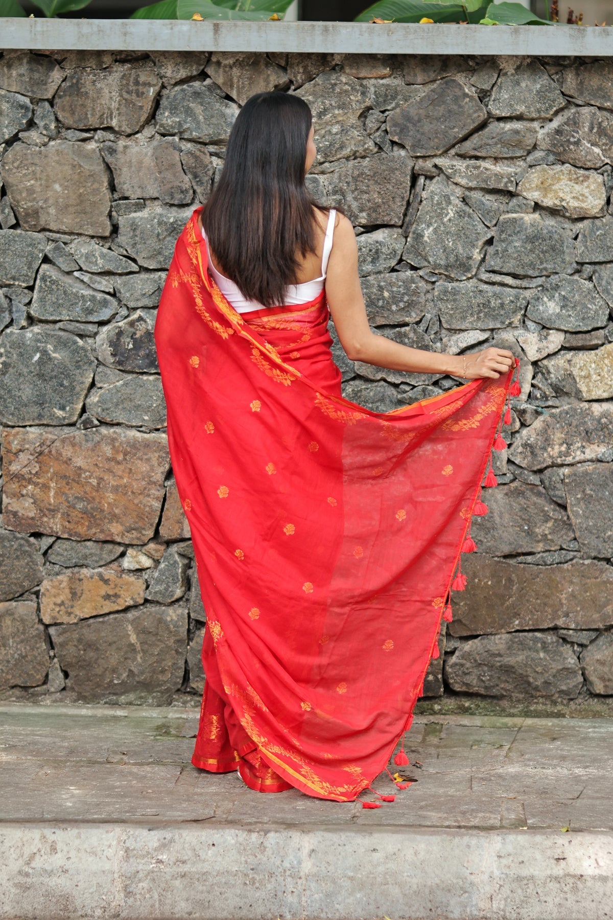 Red Mulmul Cotton Saree with All-Over Gold Thread Work