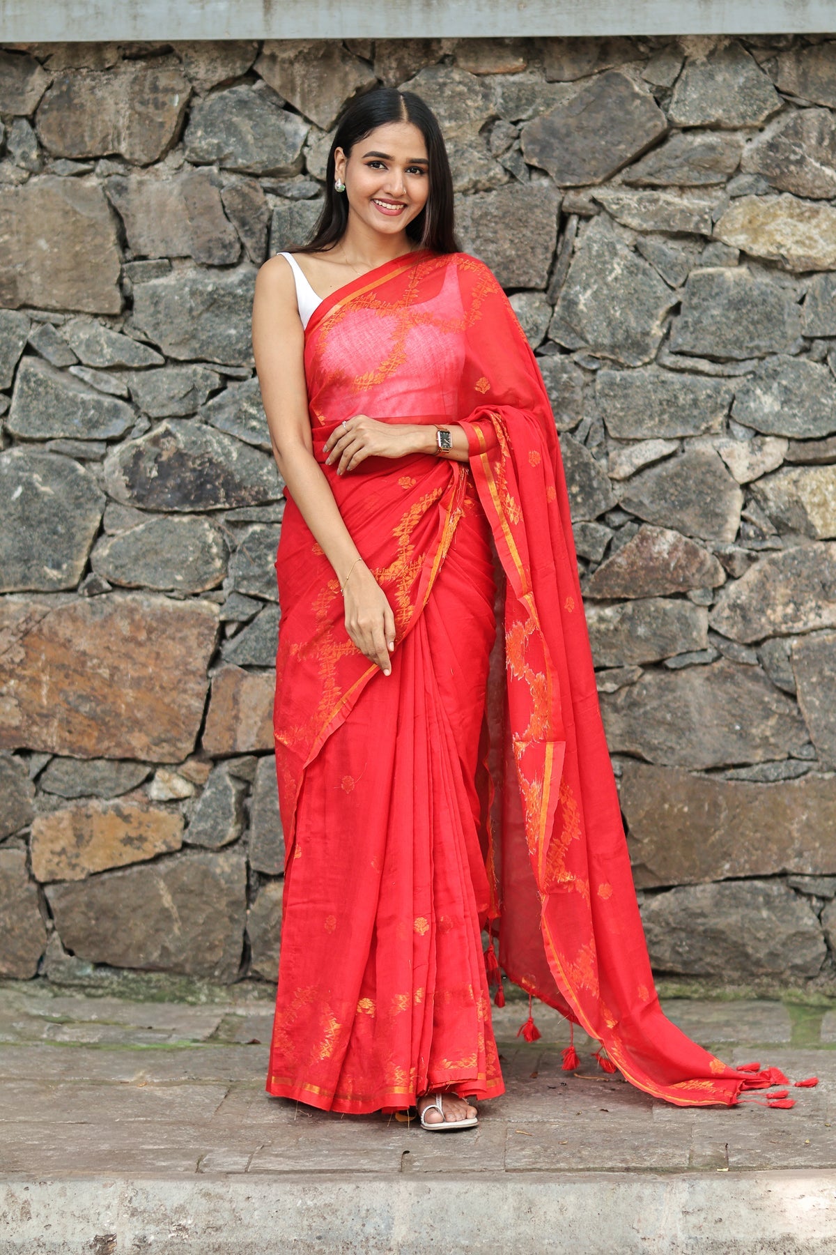 Red Mulmul Cotton Saree with All-Over Gold Thread Work