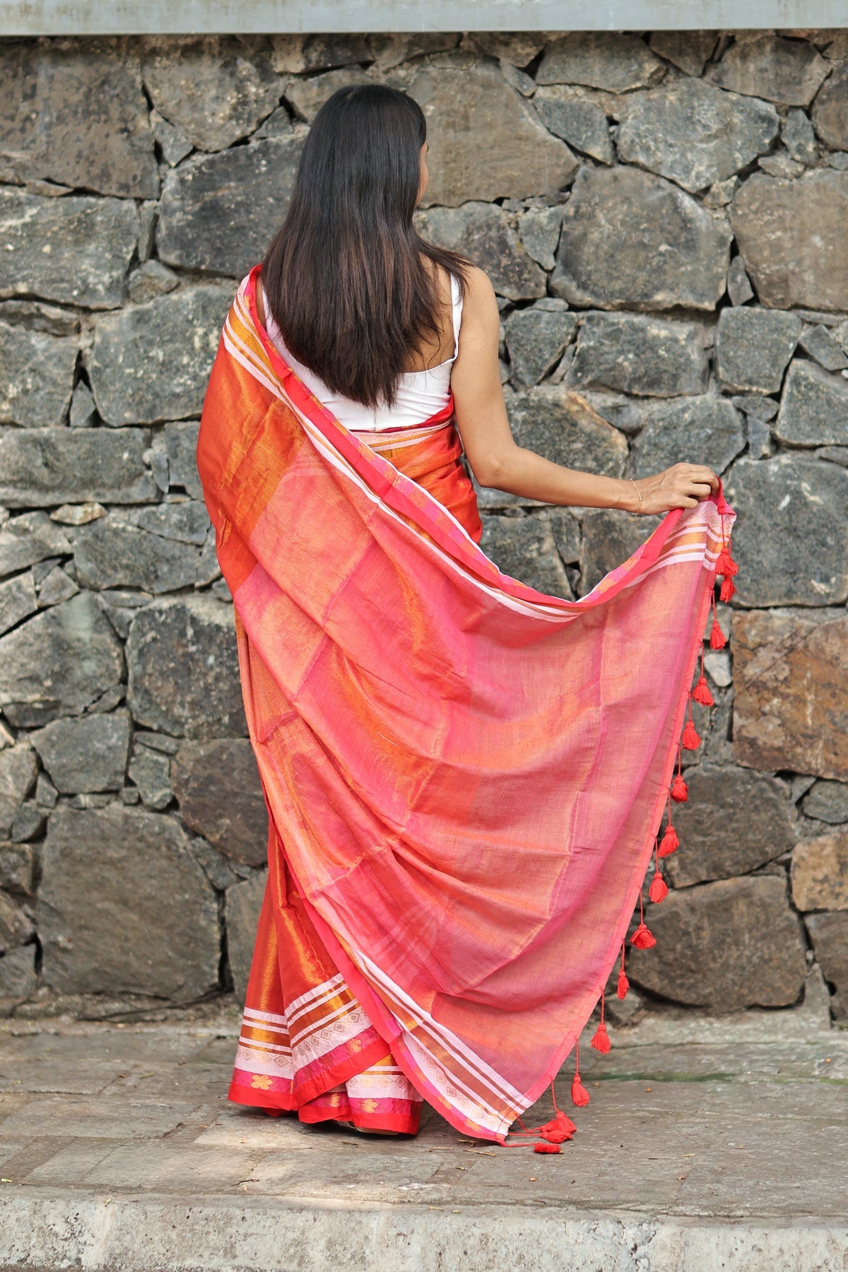 Orange & Pink Golden Dual Tone Tissue Mulmul Cotton Saree