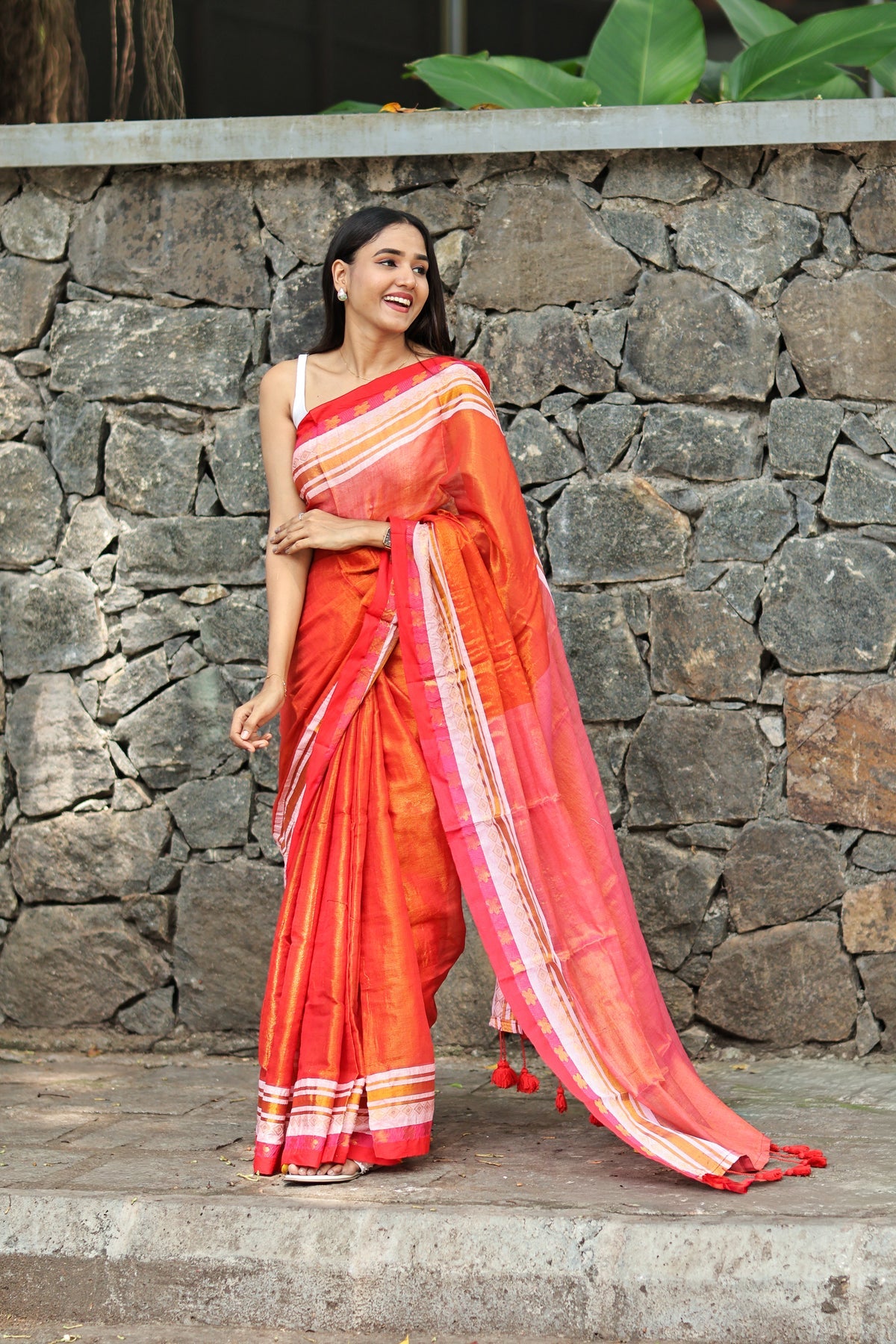 Orange & Pink Golden Dual Tone Tissue Mulmul Cotton Saree