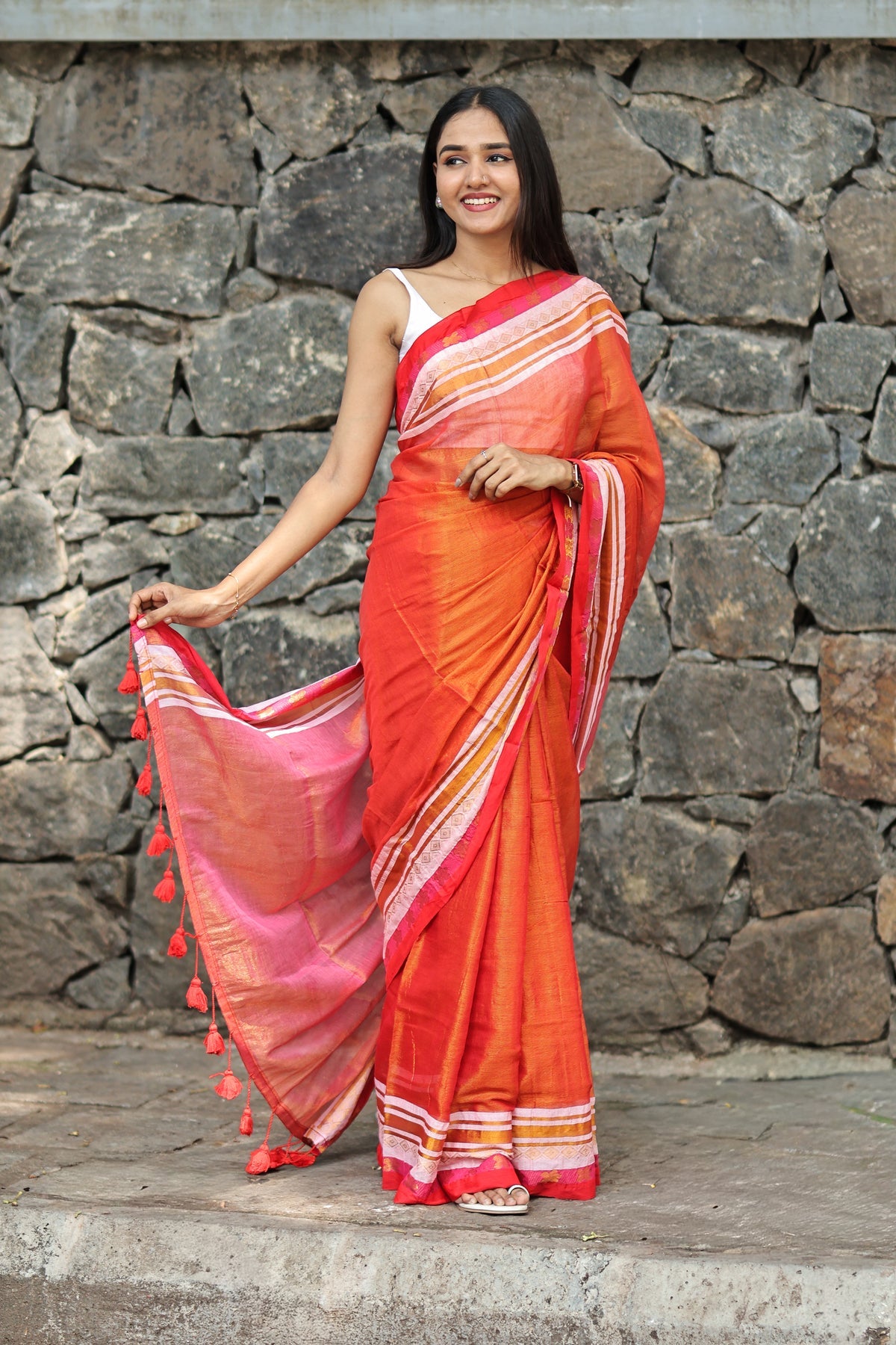 Orange & Pink Golden Dual Tone Tissue Mulmul Cotton Saree