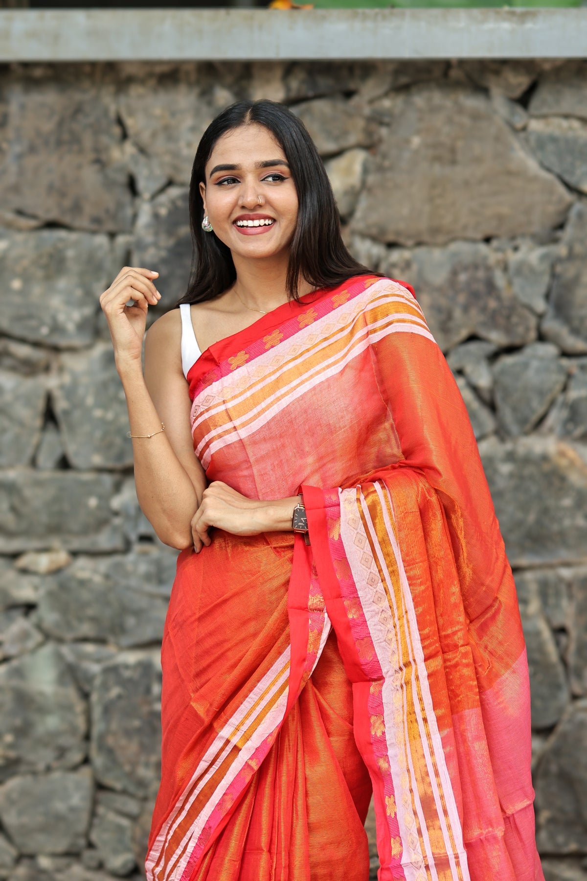Orange & Pink Golden Dual Tone Tissue Mulmul Cotton Saree