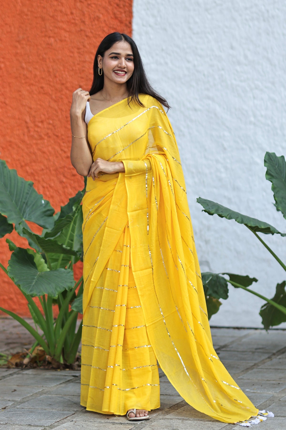Yellow Sequence Work Pure Mulmul Cotton Saree