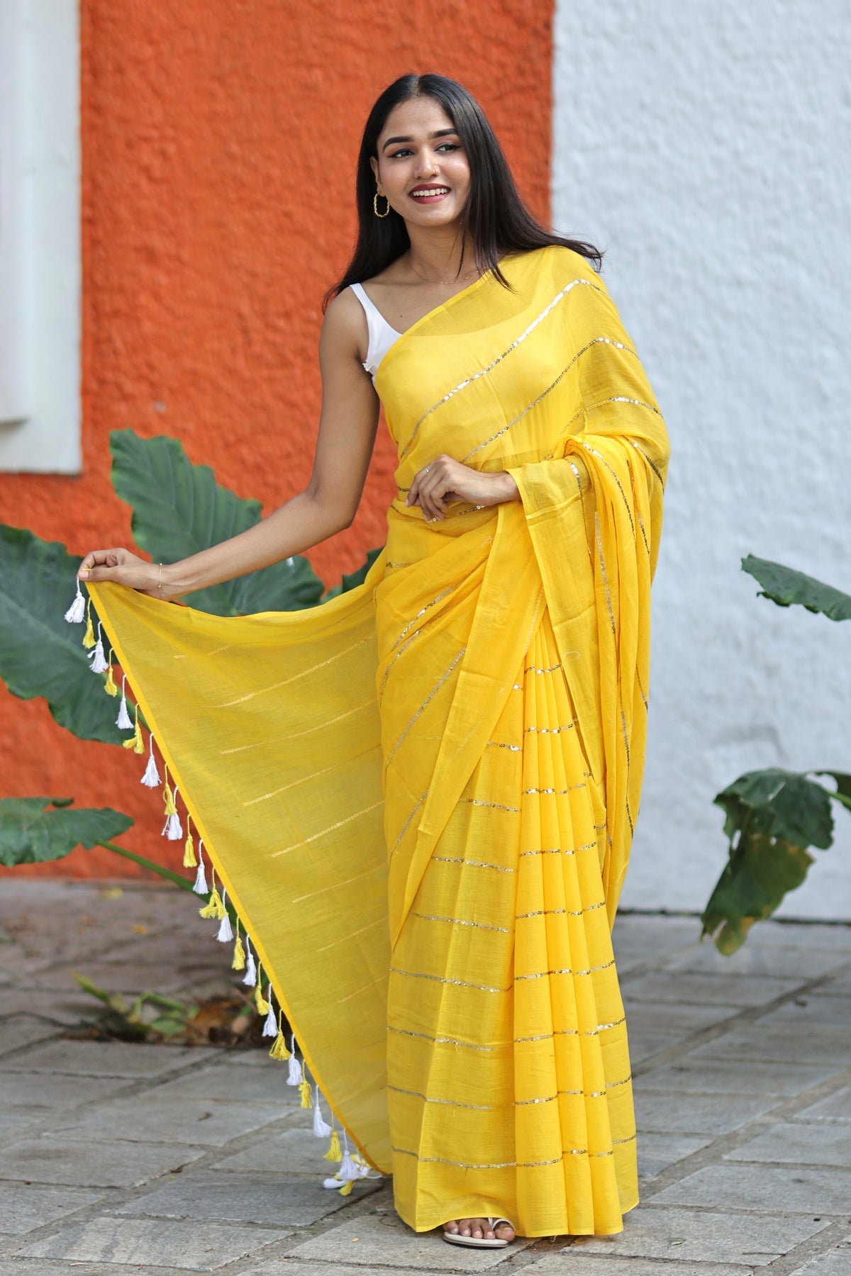Yellow Sequence Work Pure Mulmul Cotton Saree