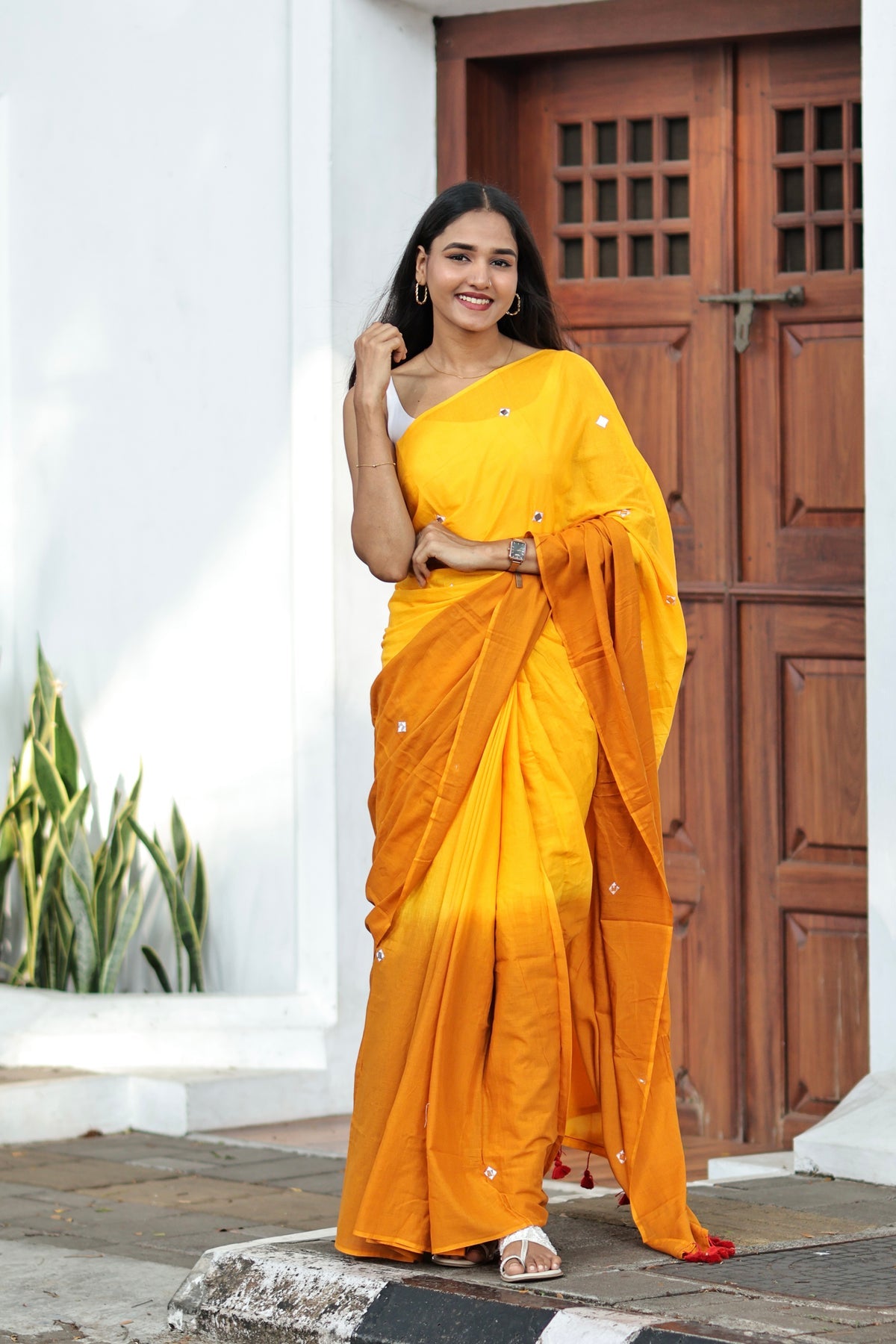 Pure Mul Cotton Mirror Work Saree- Yellow