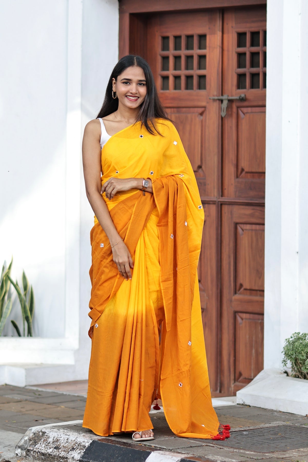 Pure Mul Cotton Mirror Work Saree- Yellow