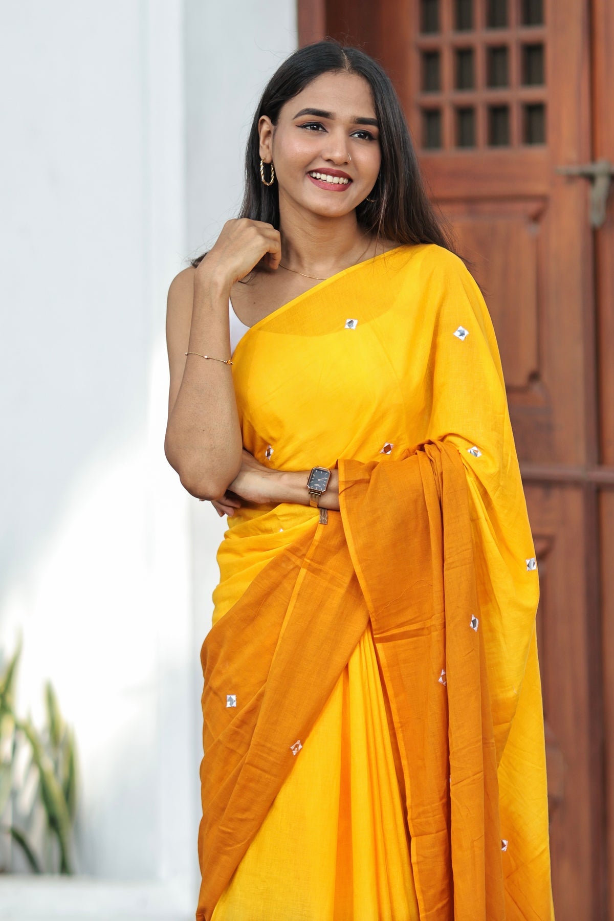 Pure Mul Cotton Mirror Work Saree- Yellow