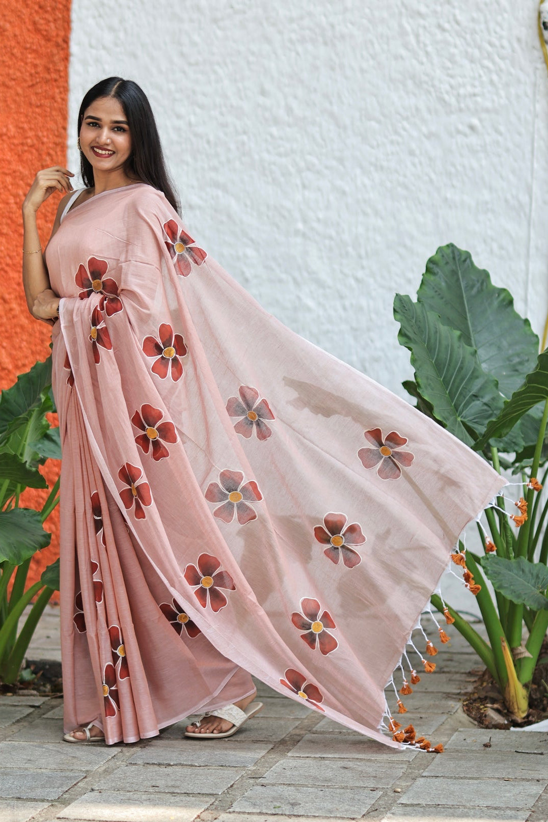 Wooden Hand Printed Floral Mulmul Cotton Saree