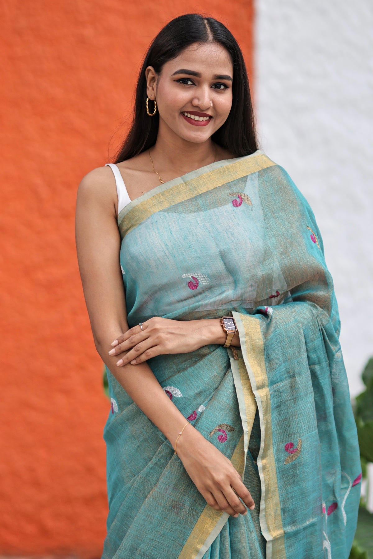 Baby Blue Dual Tone Handwoven Tissue Linen Saree with Tulip Motifs