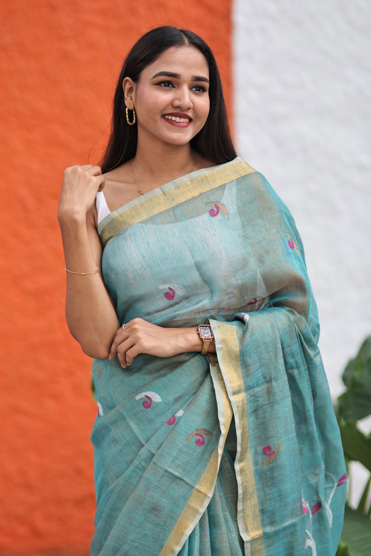 Baby Blue Dual Tone Handwoven Tissue Linen Saree with Tulip Motifs