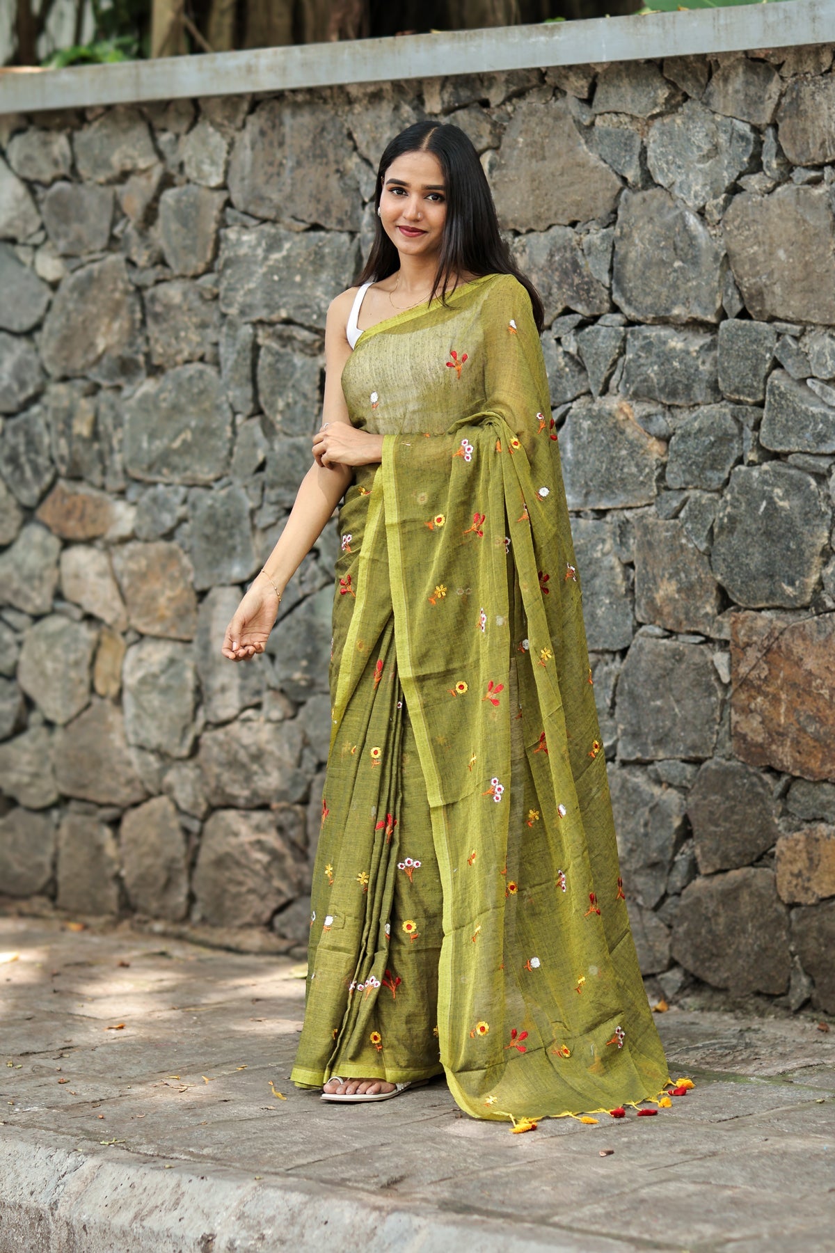 Olive Embroidered Mul Mul Cotton