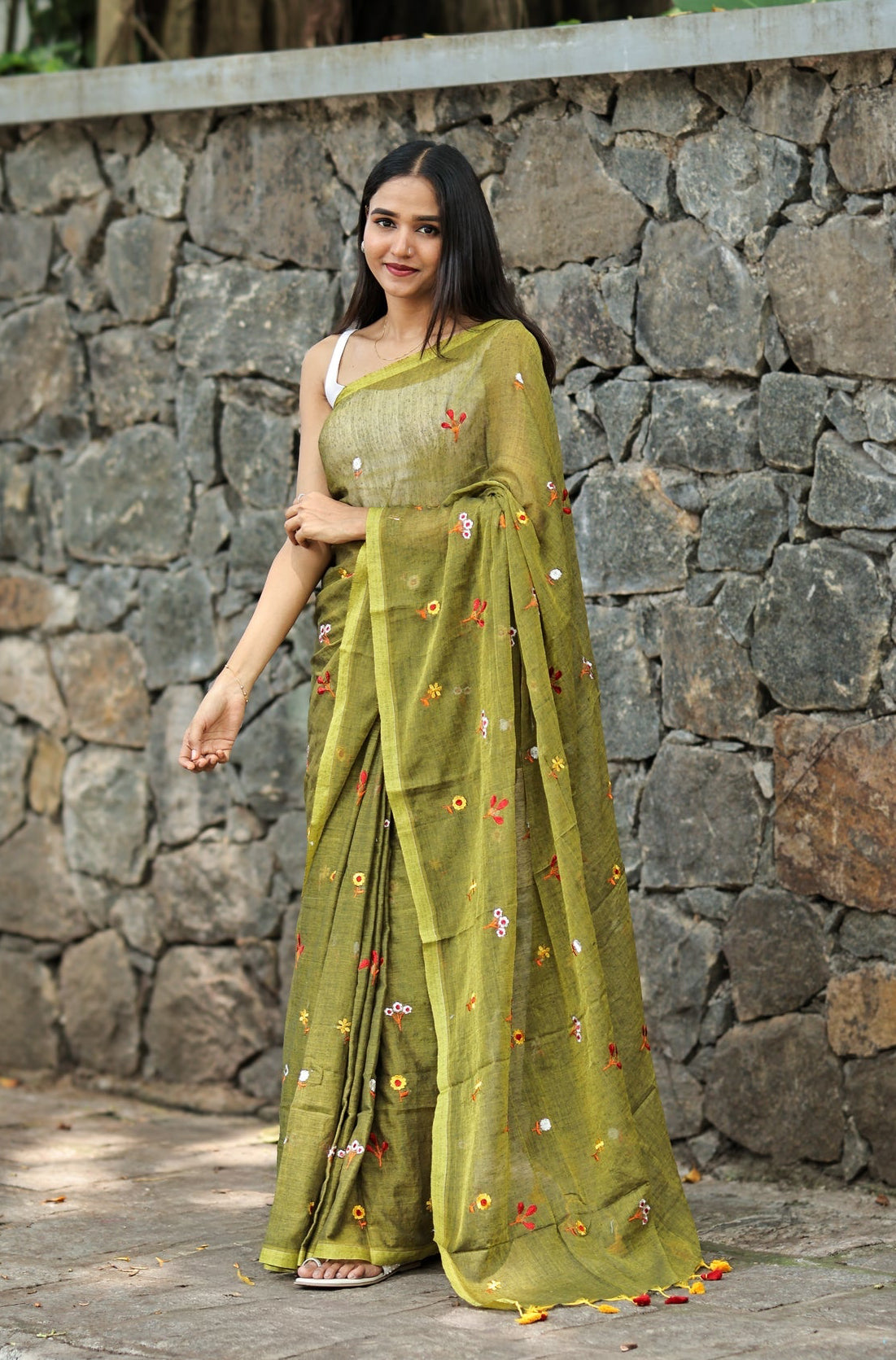 Olive Embroidered Mul Mul Cotton