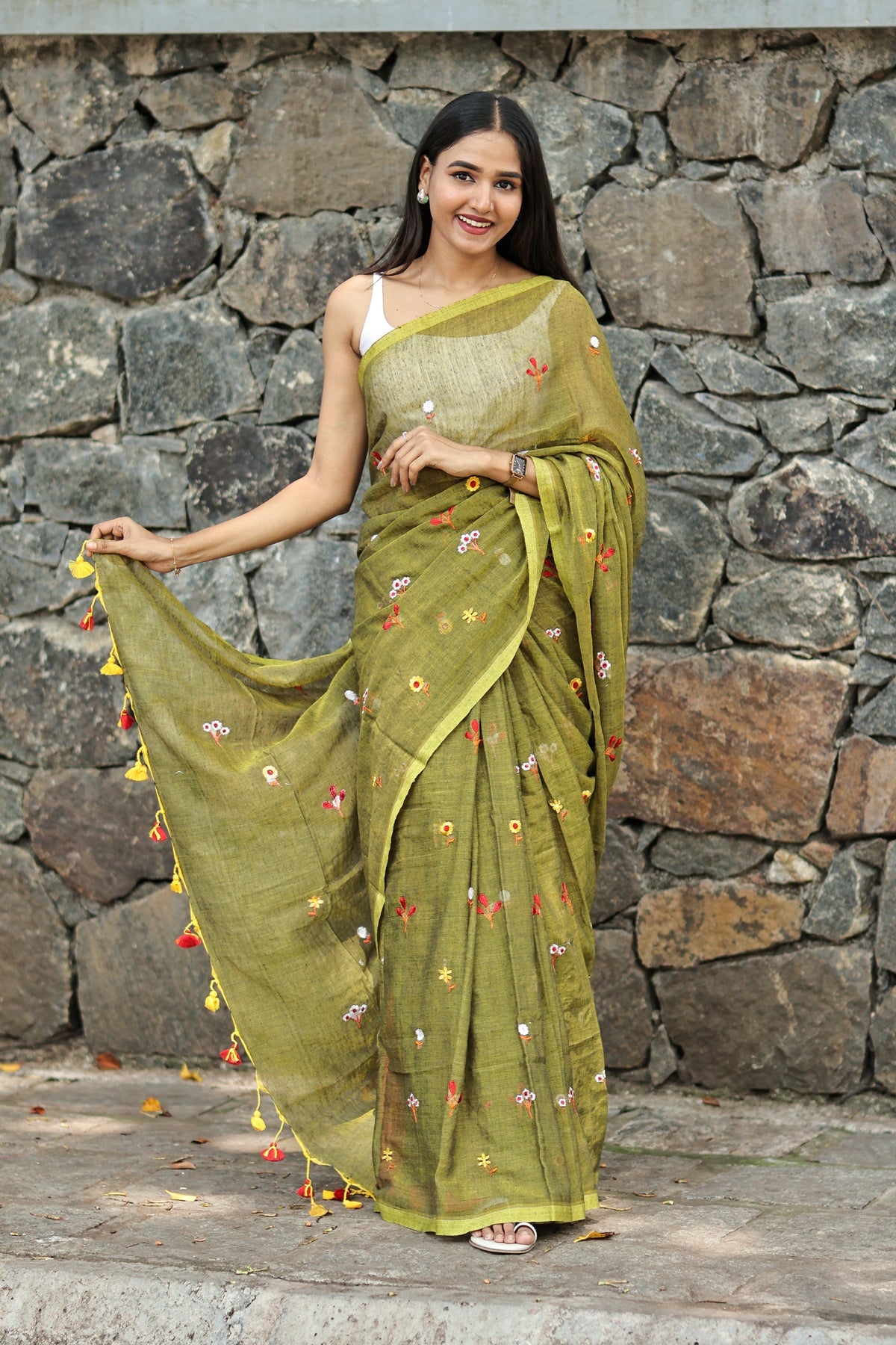 Olive Embroidered Mul Mul Cotton