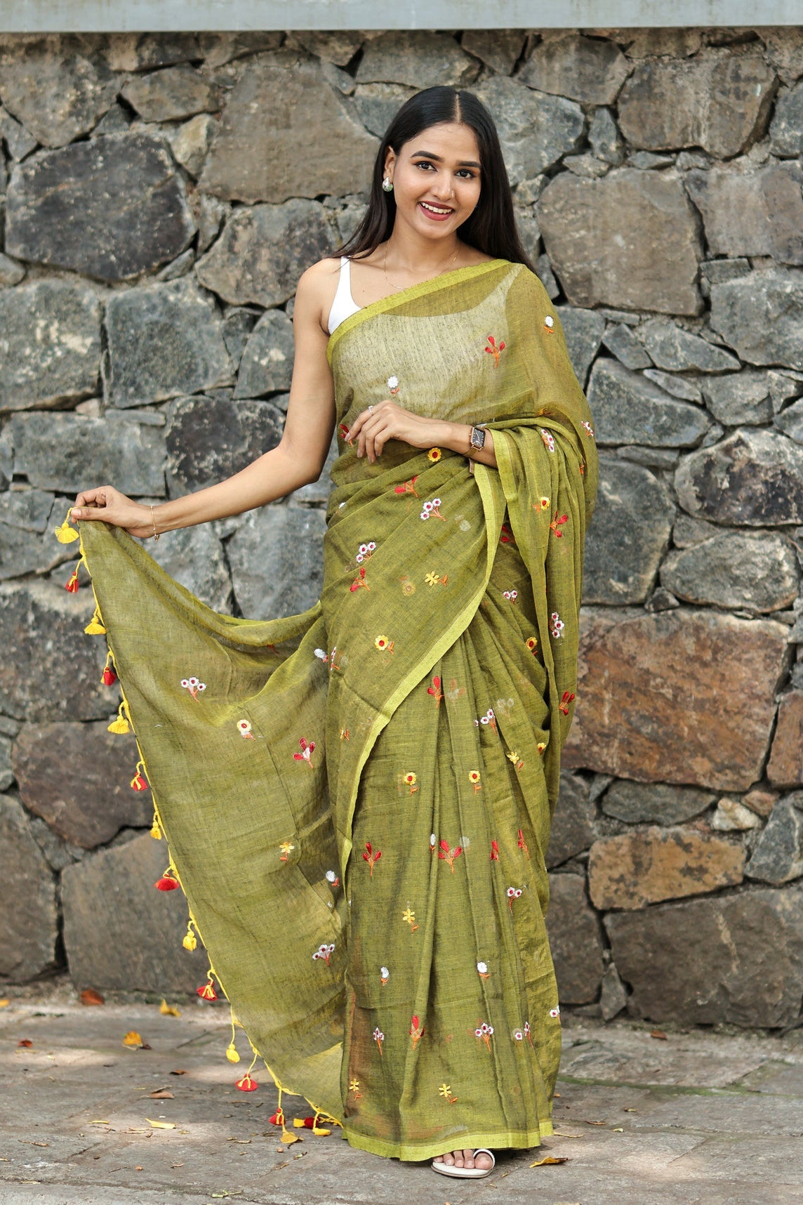 Olive Embroidered Mul Mul Cotton