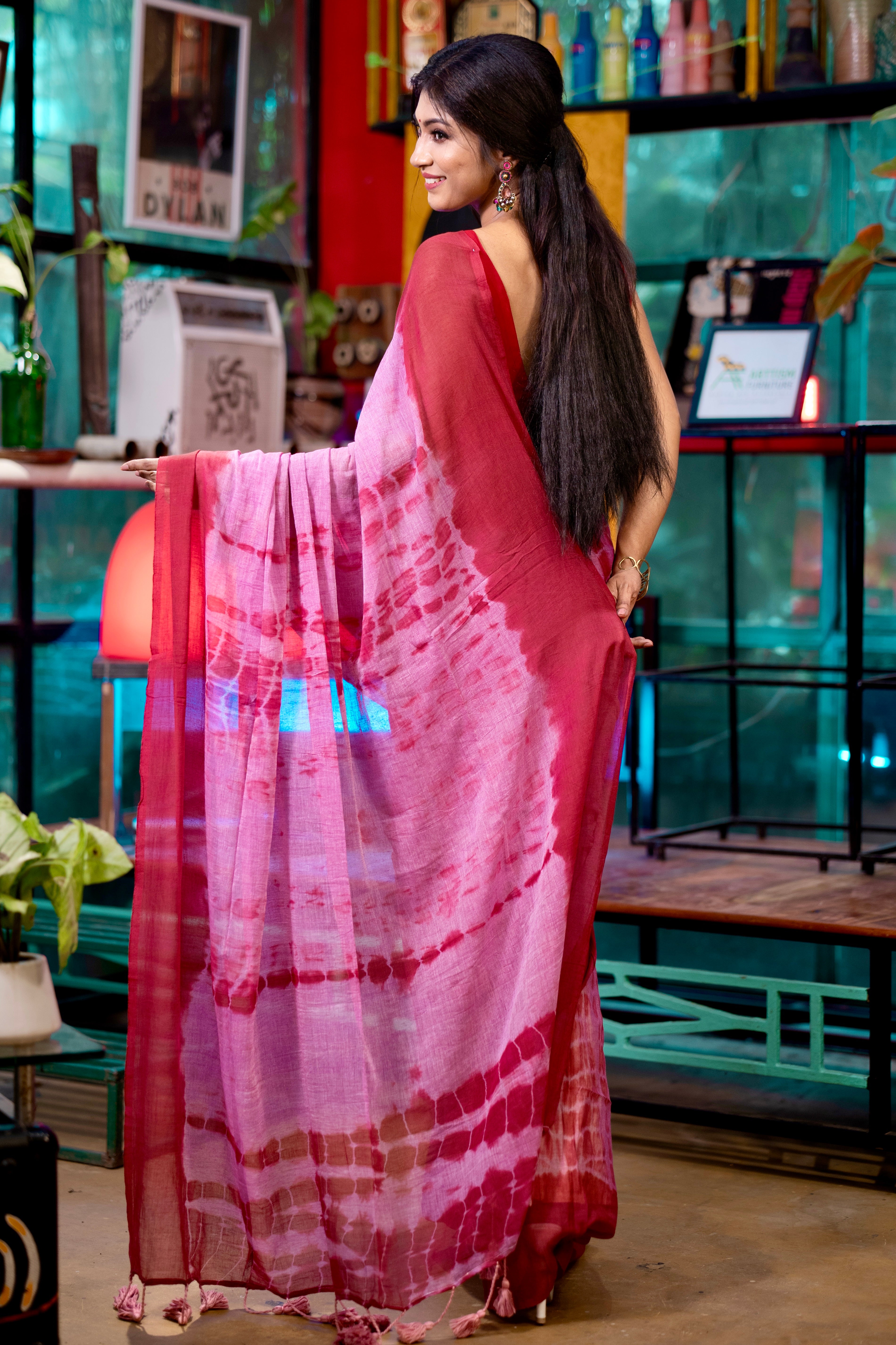 Bubble pink & maroon shibori Print Mulmul Cotton Saree with blouse piece