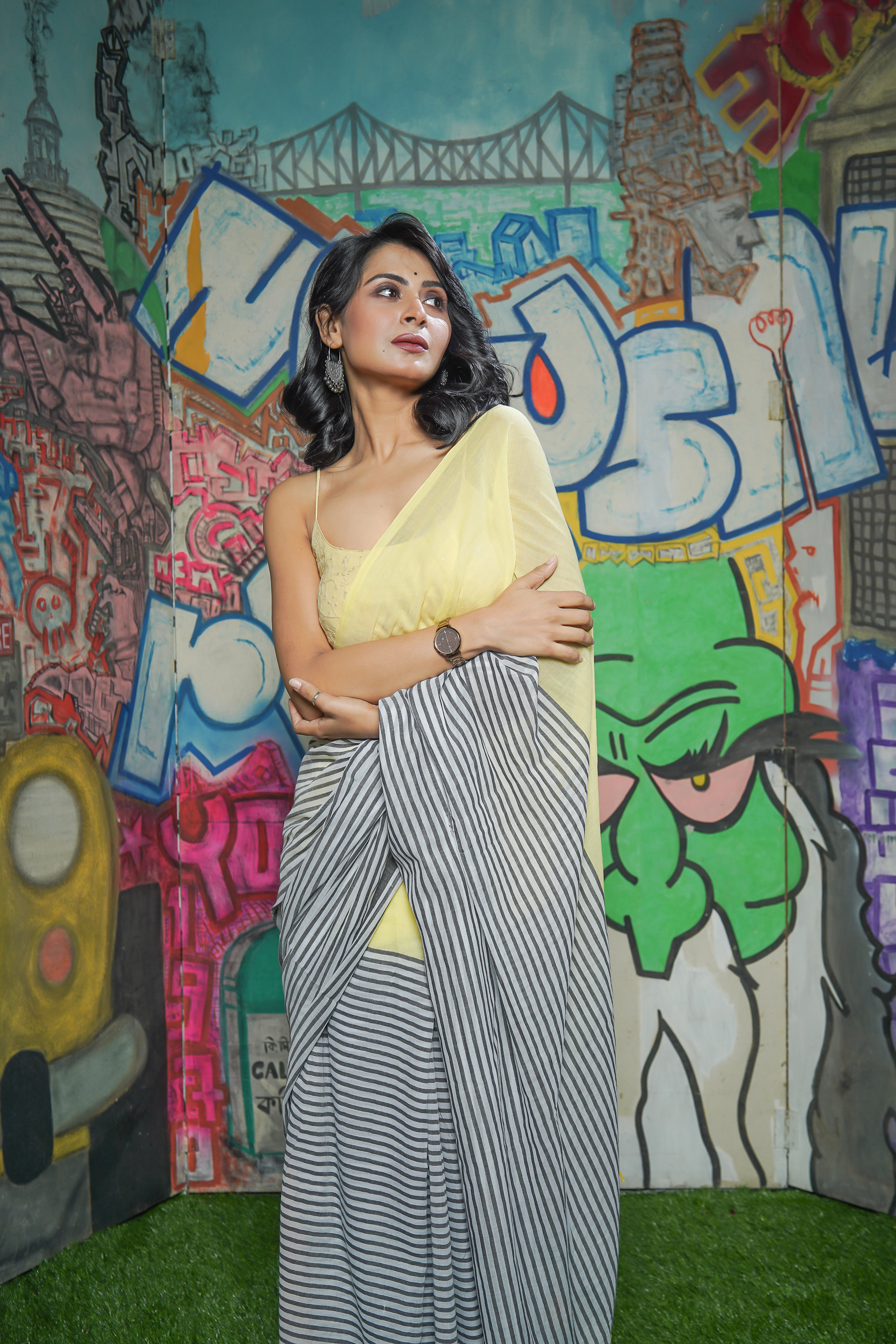 Light Yellow Half-half Check Mul Cotton Saree