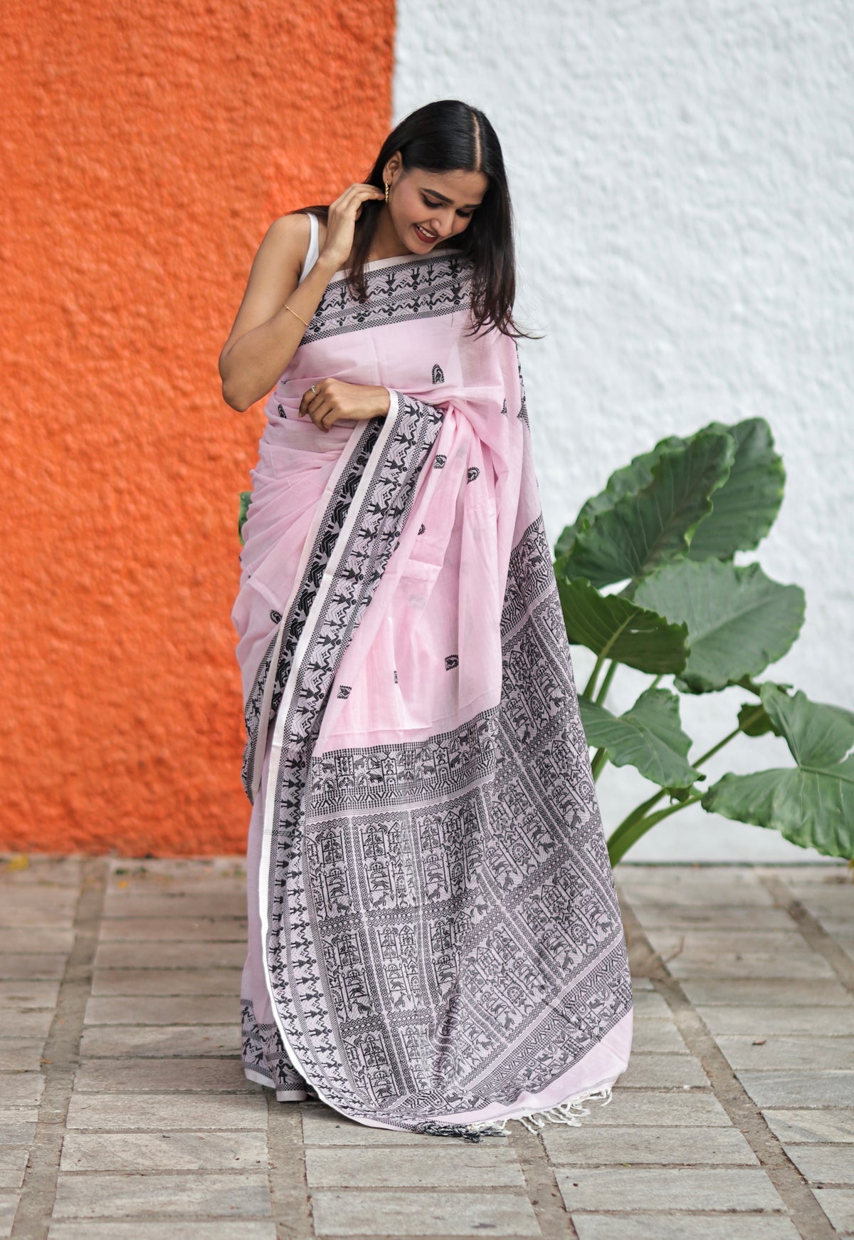Pink & Black Pure Mashrise Cotton Hand Weaving Saree with blouse piece