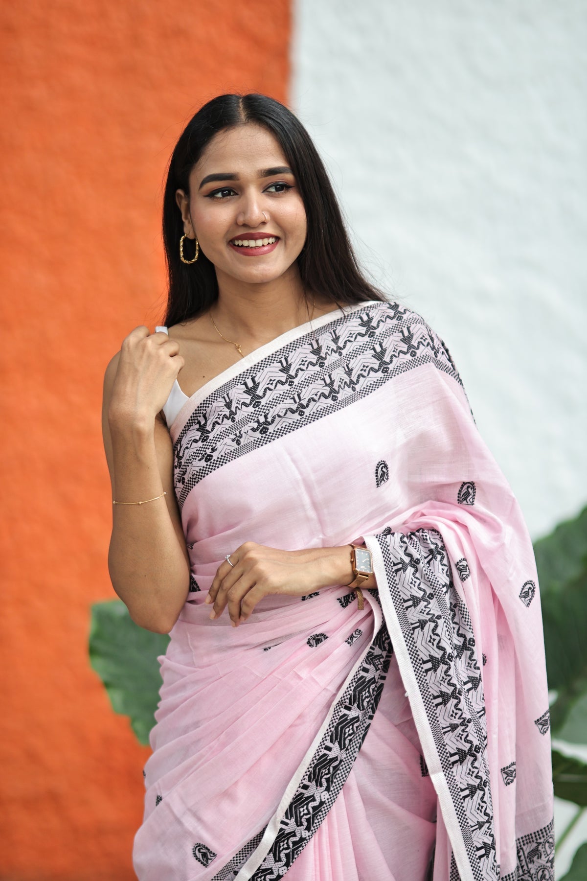 Pink & Black Pure Mashrise Cotton Hand Weaving Saree with blouse piece